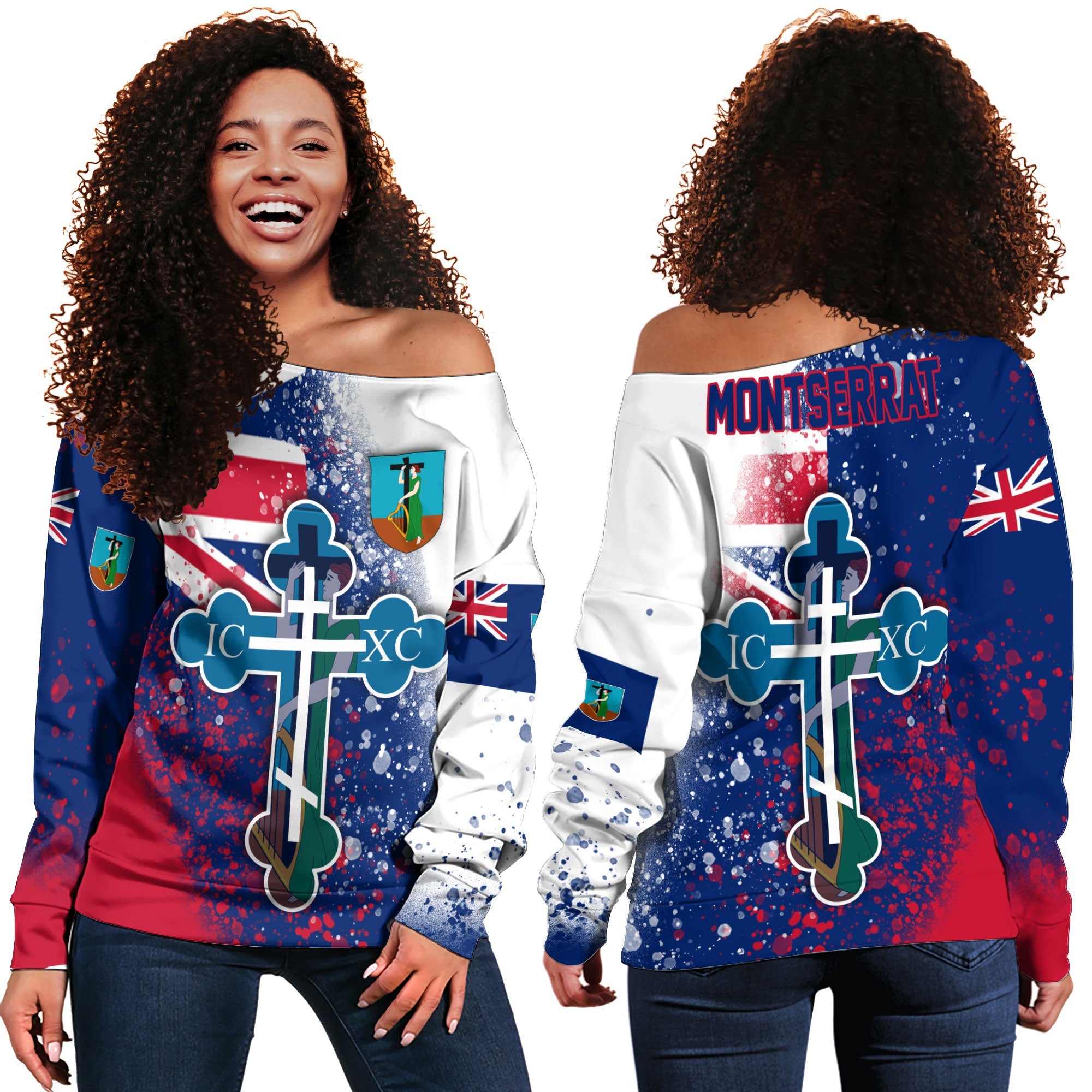 Montserrat Women Off Shoulder Sweatshirt Flag & Coat Of Arms Orthodox Style