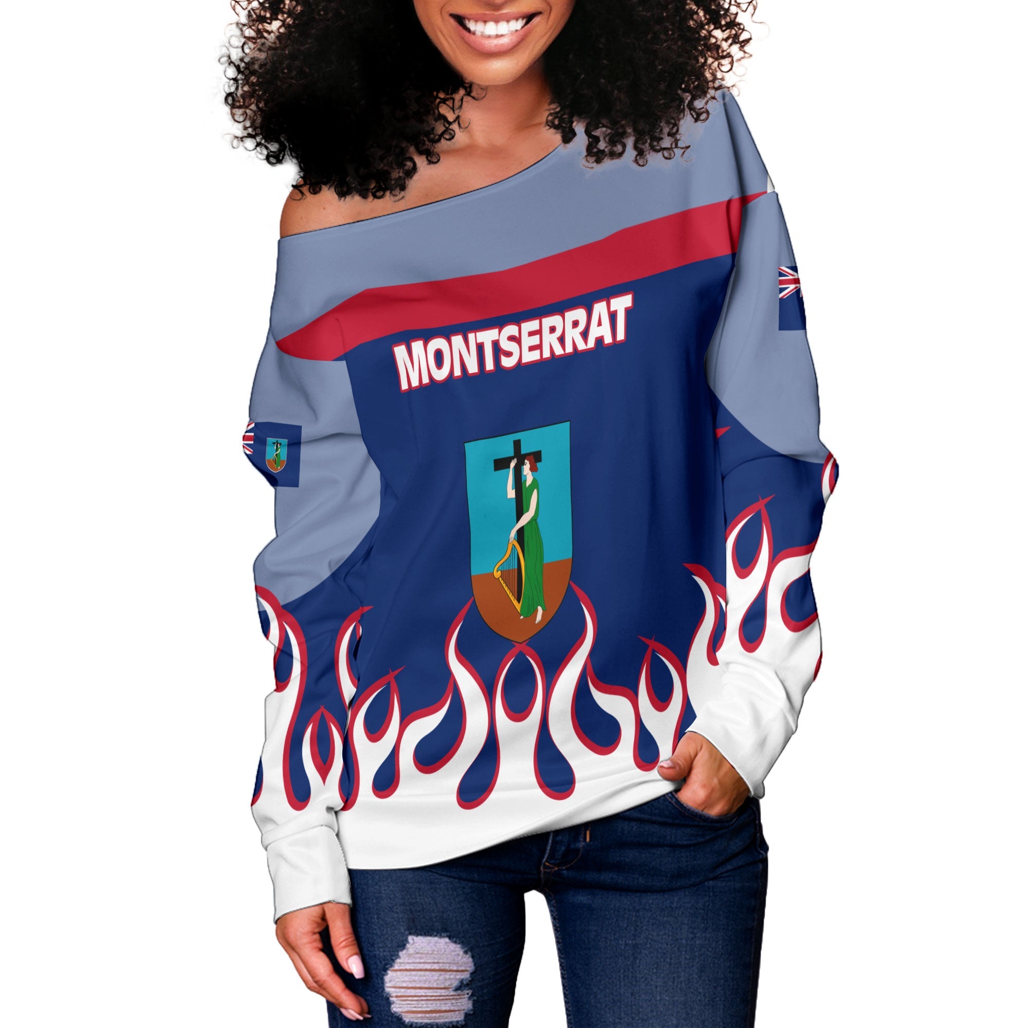 Montserrat Women Off Shoulder Sweatshirt Flag & Coat Of Arms Fire Hockey Style