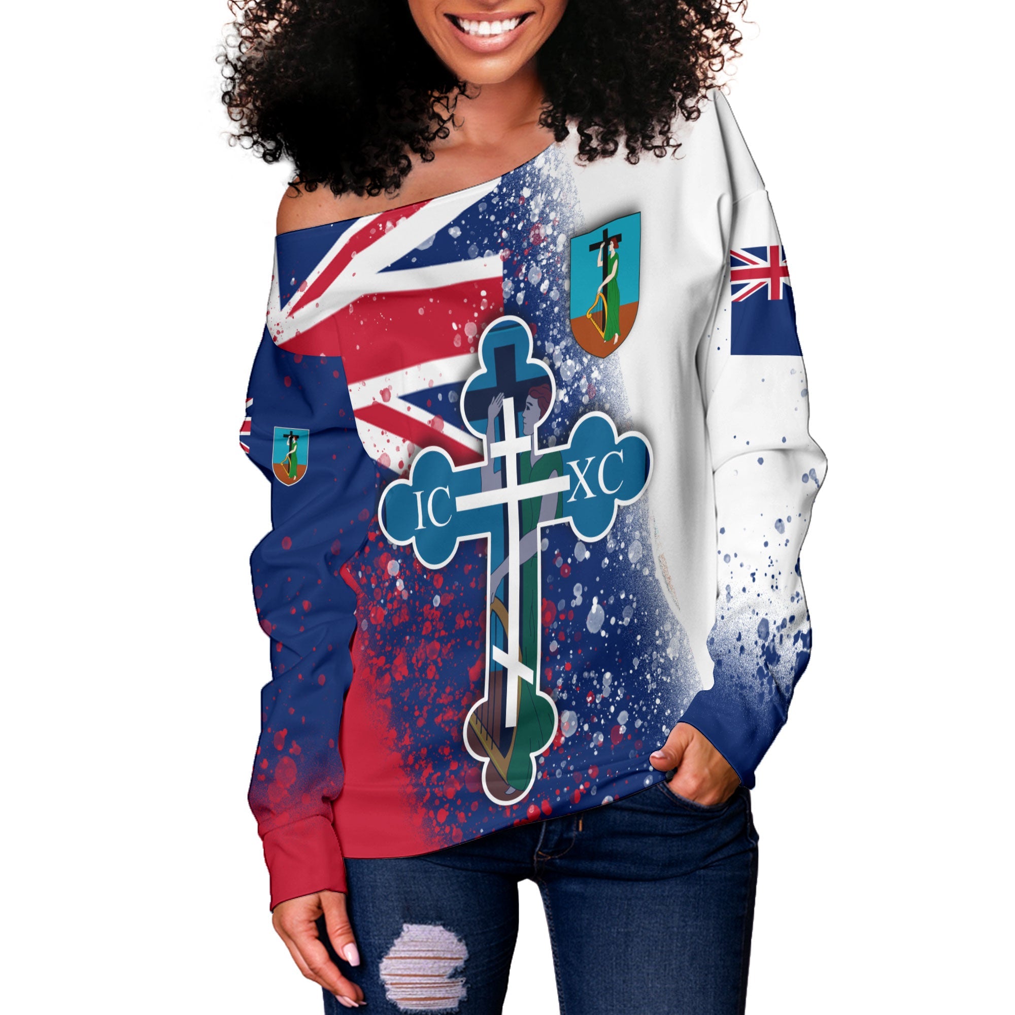 Montserrat Women Off Shoulder Sweatshirt Flag & Coat Of Arms Orthodox Style