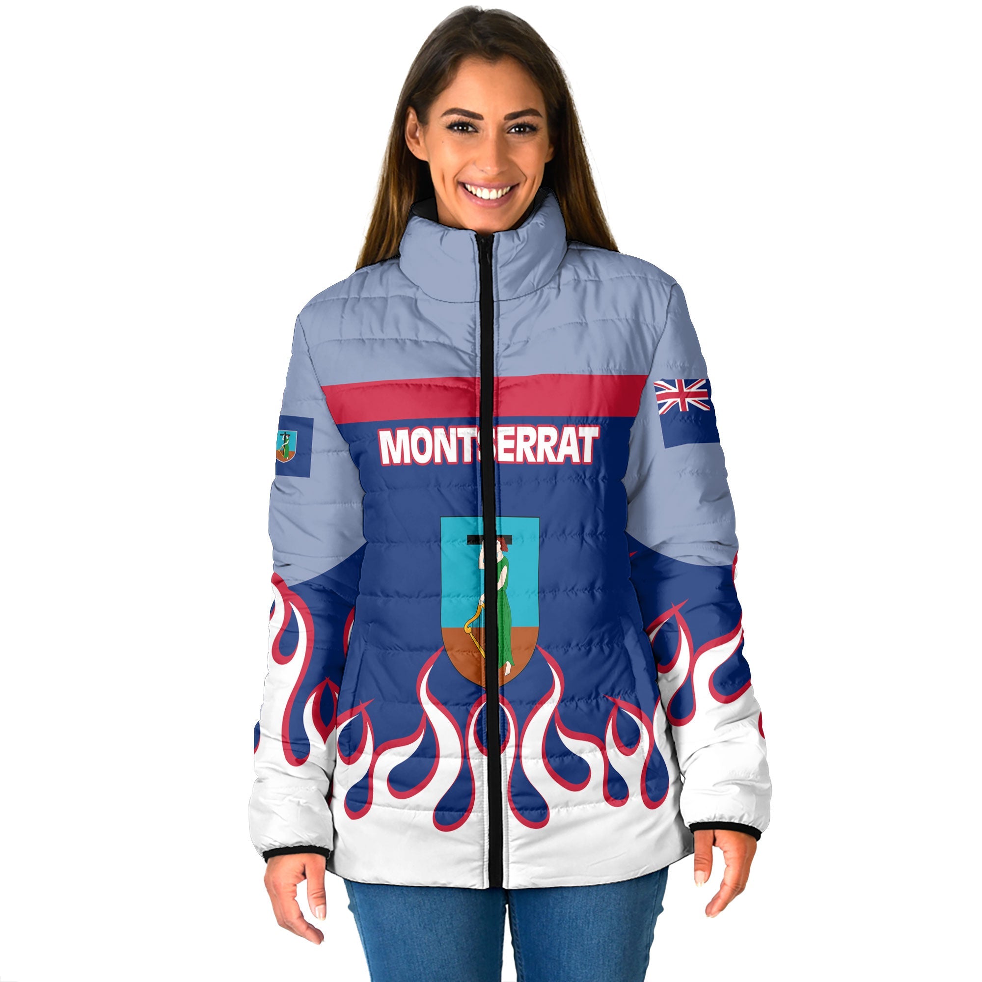 Montserrat Women Padded Jacket Flag & Coat Of Arms Fire Hockey Style