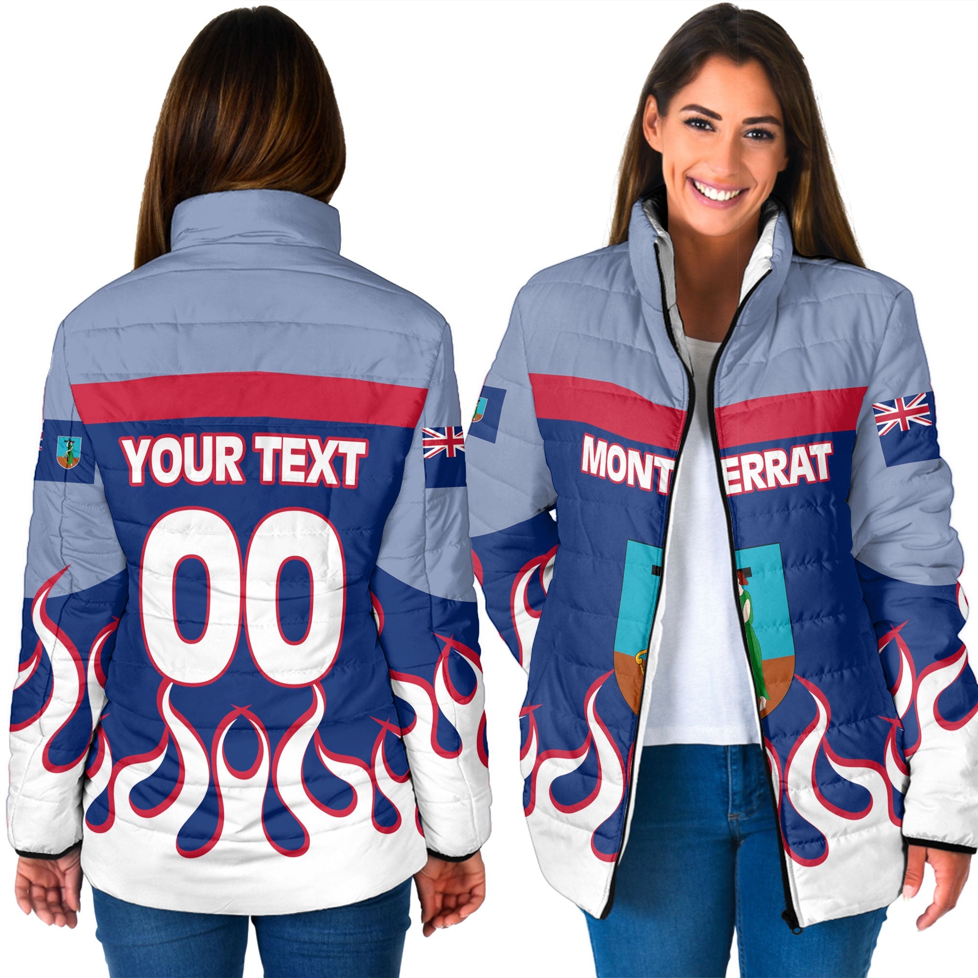 Montserrat Women Padded Jacket Flag & Coat Of Arms Fire Hockey Style