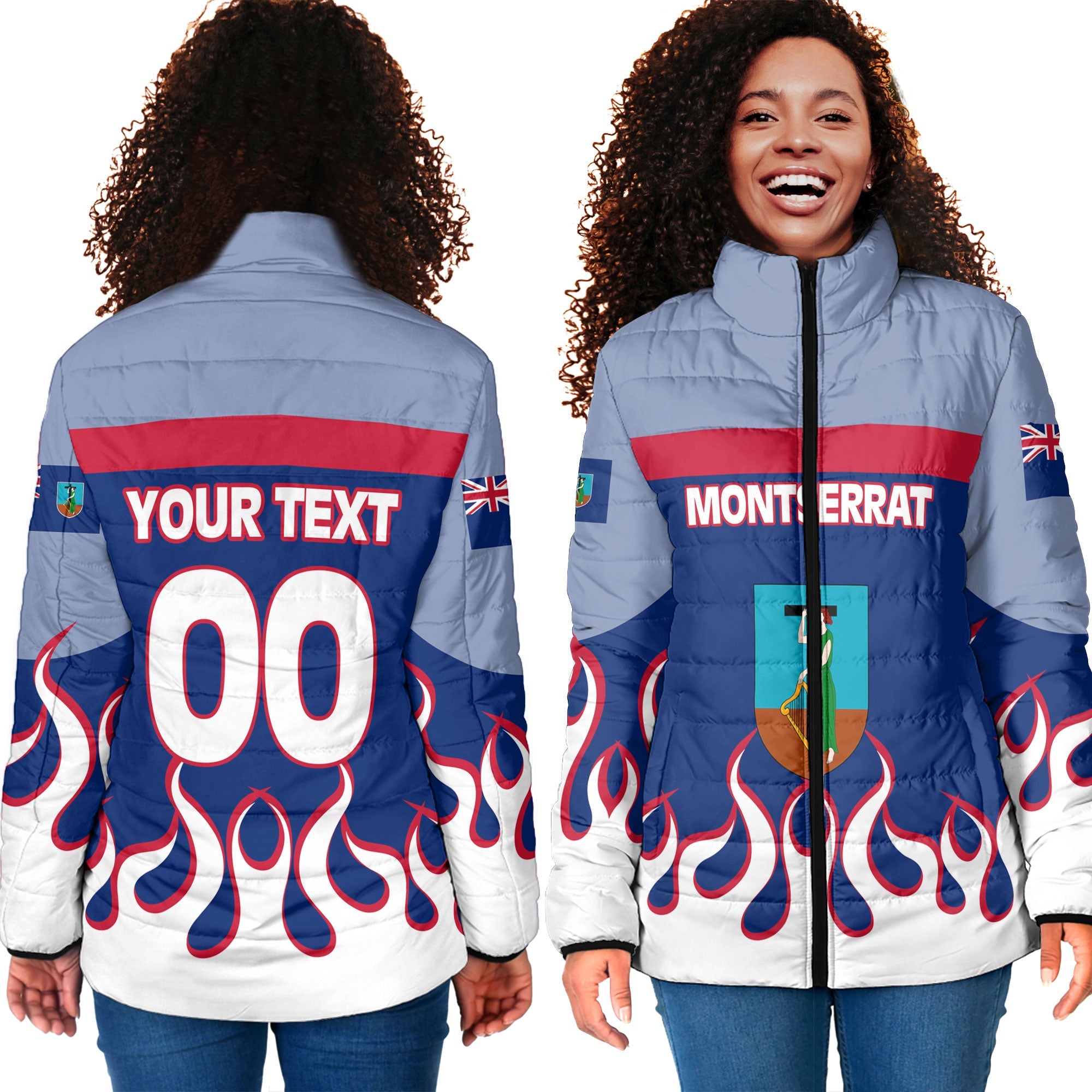 Montserrat Women Padded Jacket Flag & Coat Of Arms Fire Hockey Style