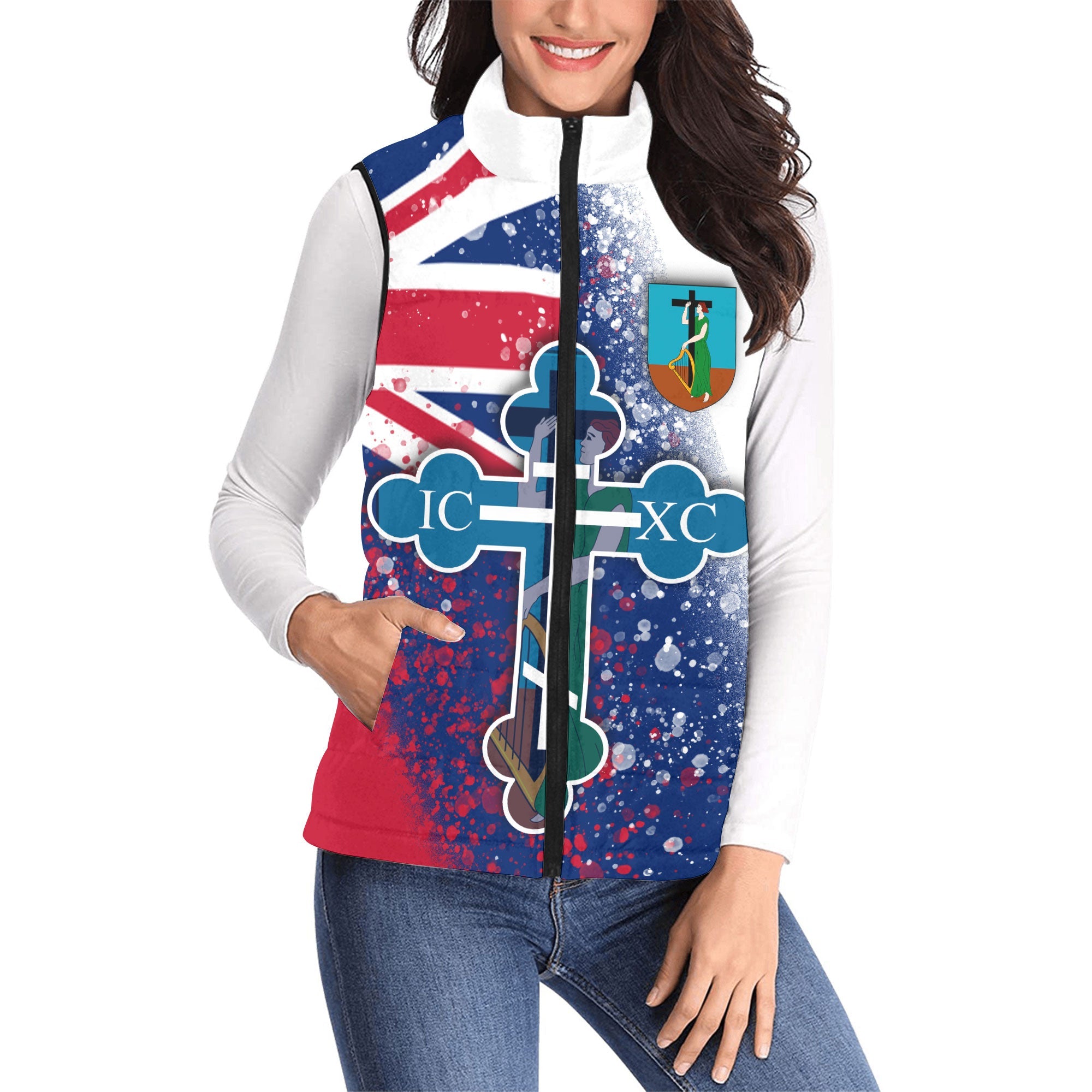 Montserrat Women Padded Jacket Vest Flag & Coat Of Arms Orthodox Style