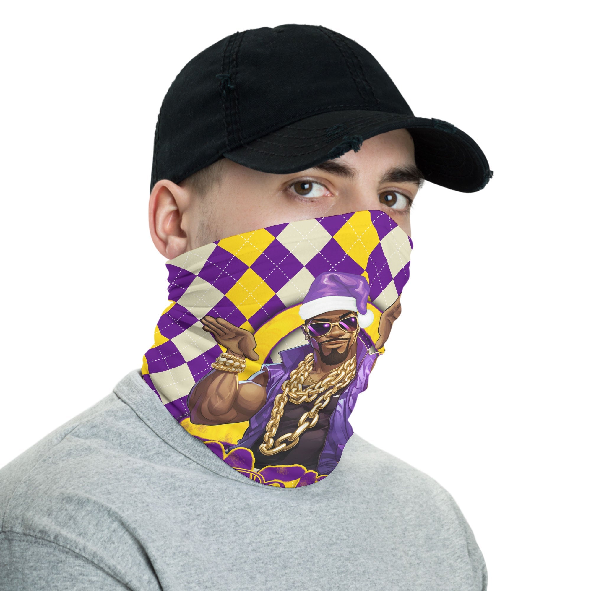 Fraternity Neck Gaiter - OPP Christmas Neck Gaiter Bulldog Purple Gold Caro Pattern Style