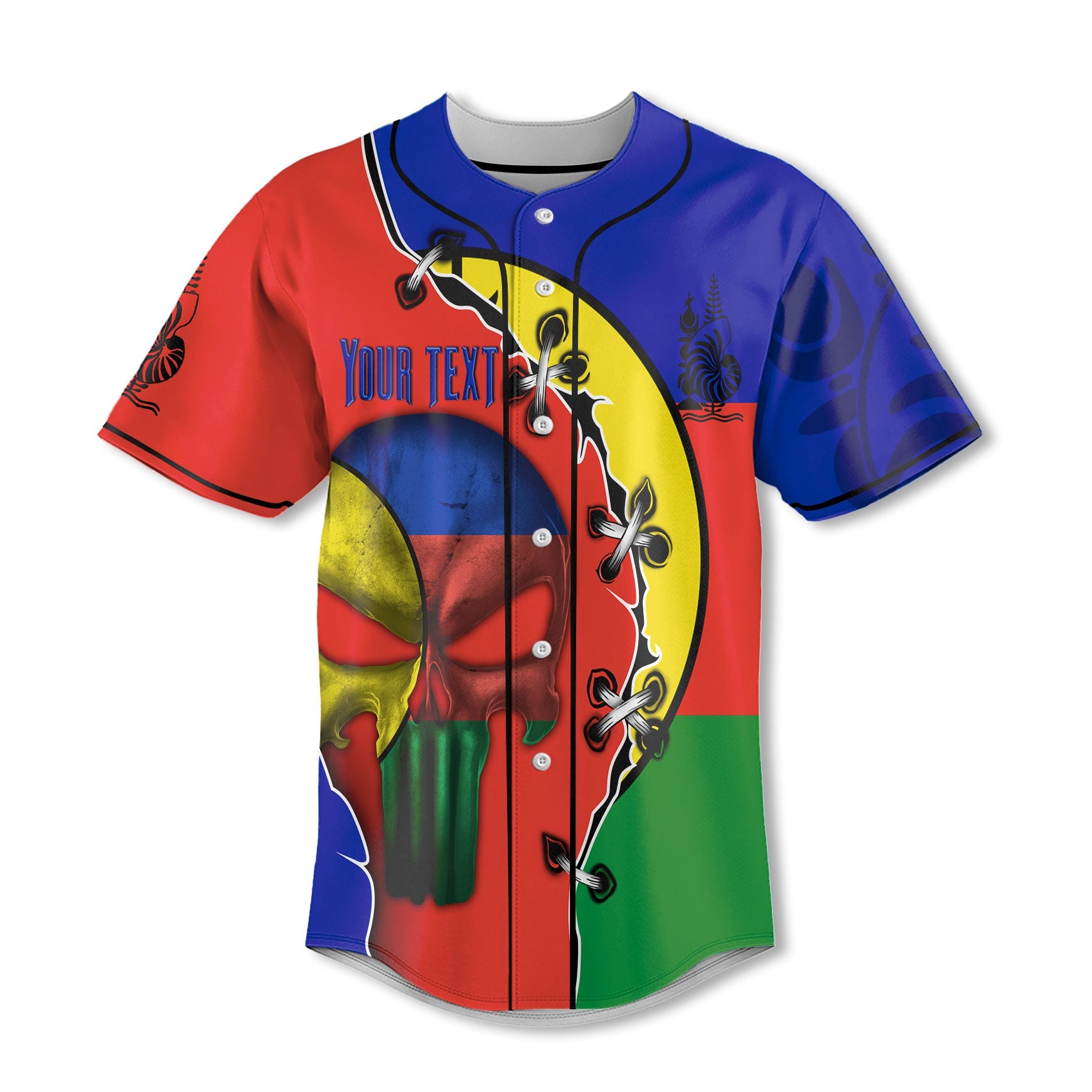 New Caledonia Baseball Jersey Flag & Coat Of Arms Skull Style