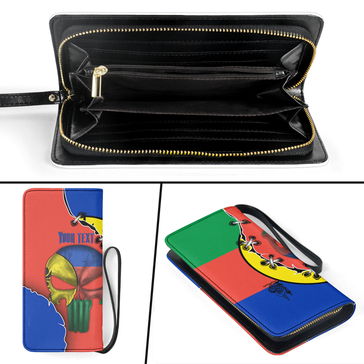 New Caledonia Clutch Purse Flag & Coat Of Arms Skull Style