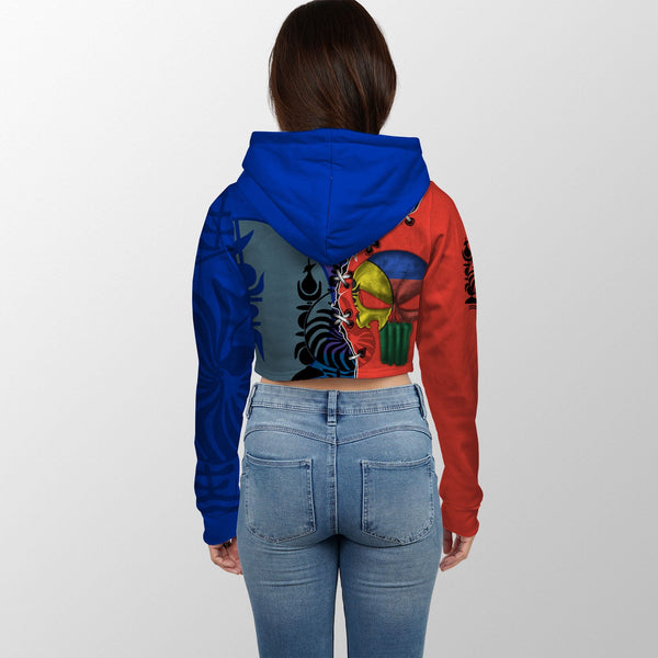 New Caledonia Crop Hoodie Flag & Coat Of Arms Skull Style