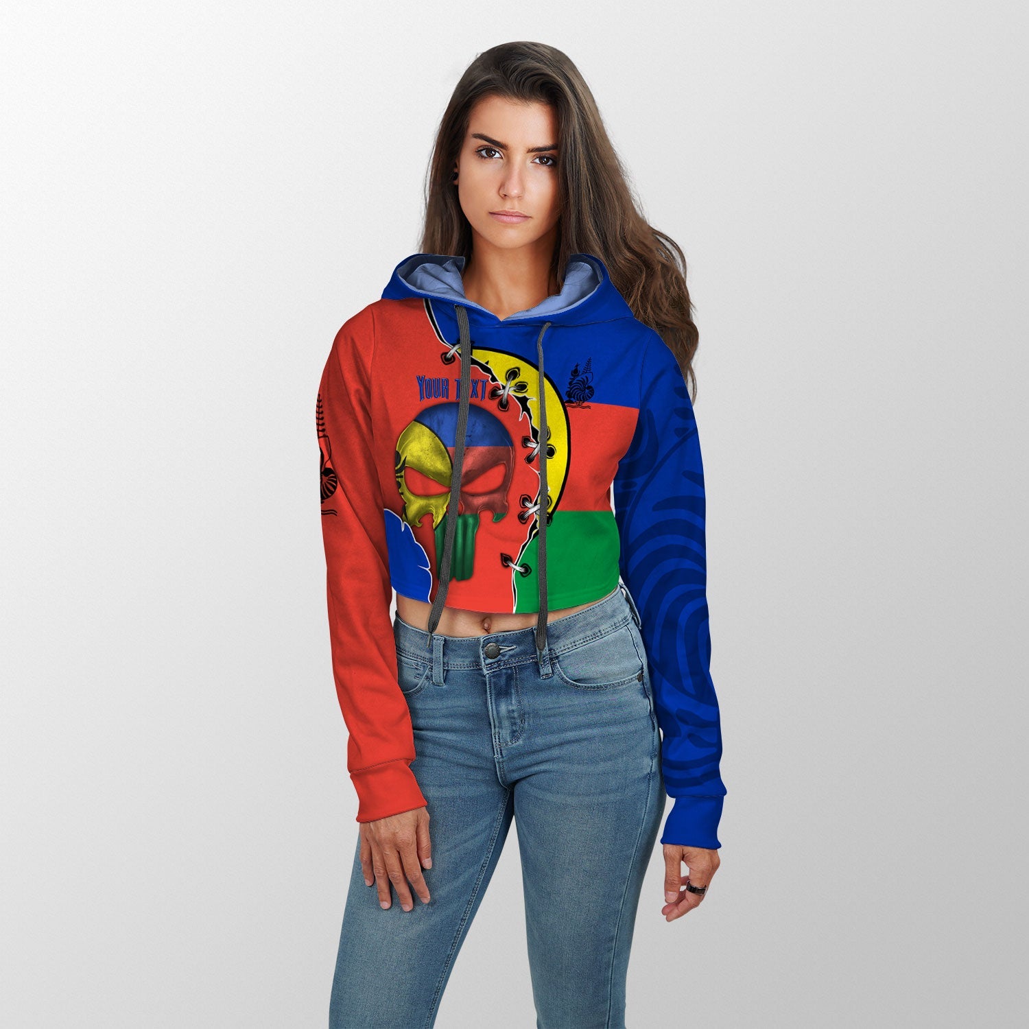 New Caledonia Crop Hoodie Flag & Coat Of Arms Skull Style