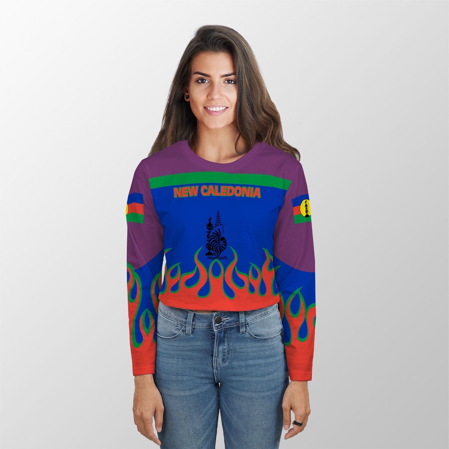 New Caledonia Crop Top Long TShirt Flag & Coat Of Arms Fire Hockey Style