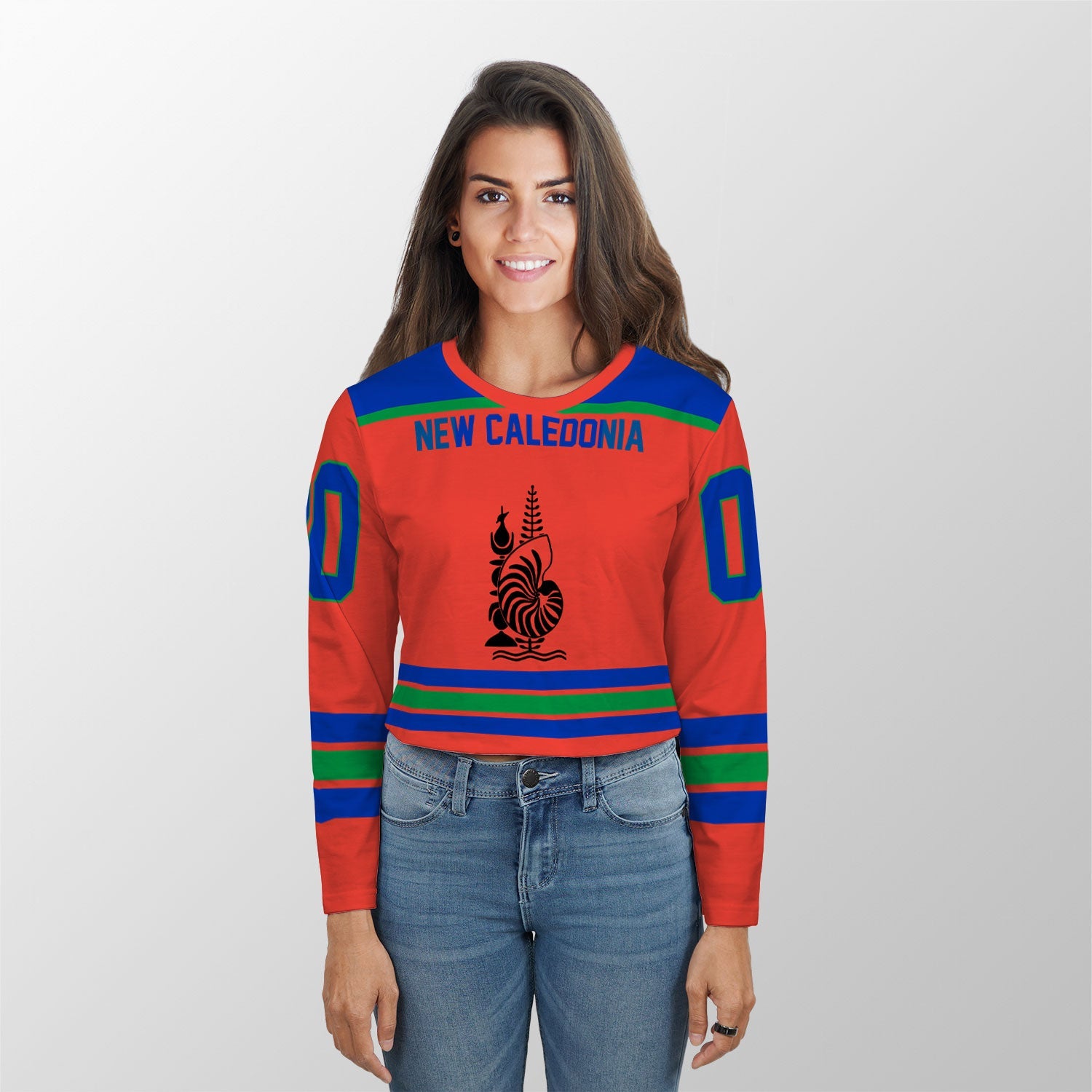 New Caledonia Crop Top Long T Shirt Flag & Coat Of Arms Hockey Style