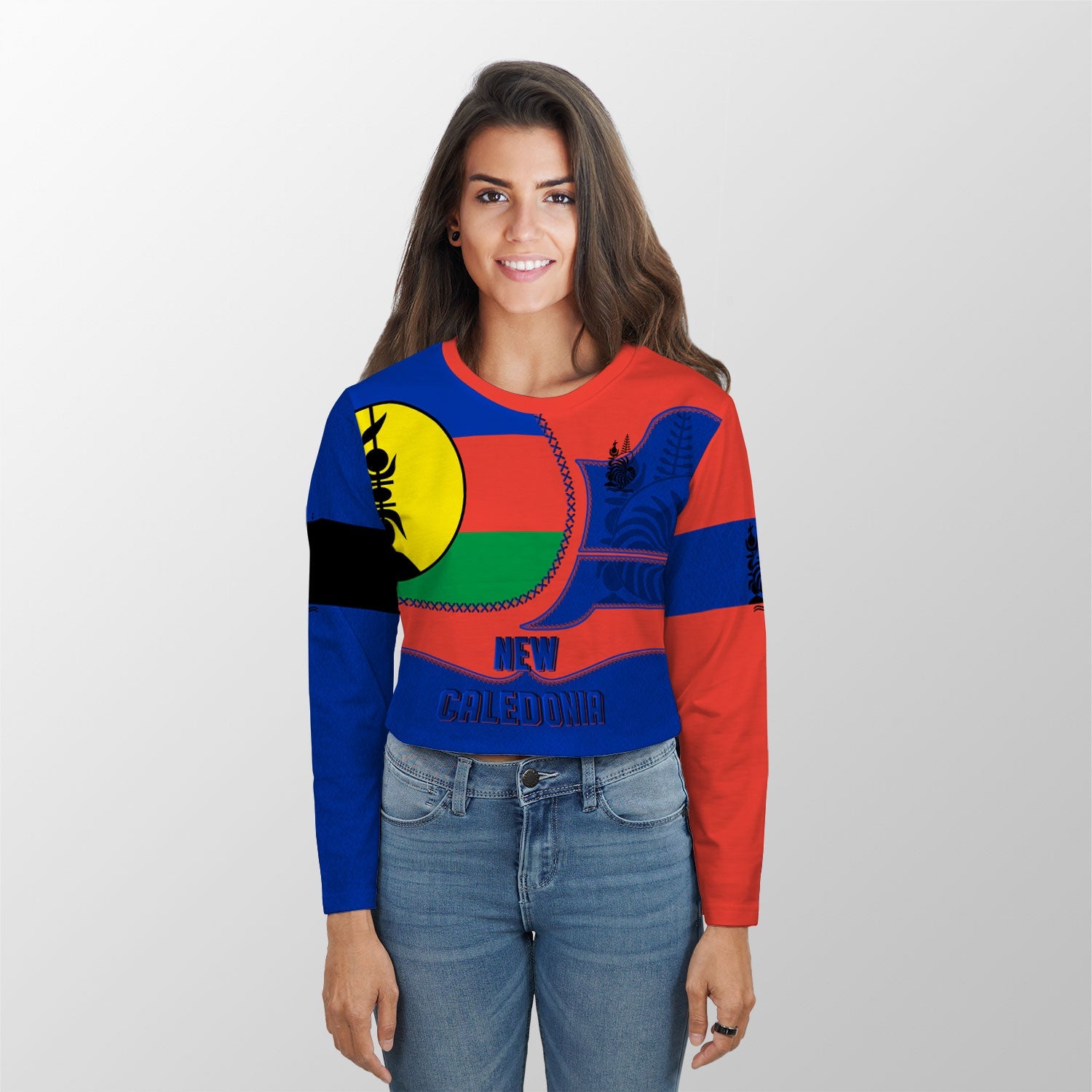 New Caledonia Crop Top Long T Shirt Flag & Coat Of Arms Leather Style