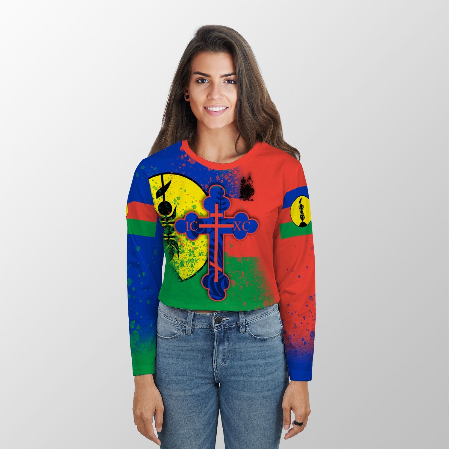 New Caledonia Crop Top Long TShirt Flag & Coat Of Arms Orthodox Style