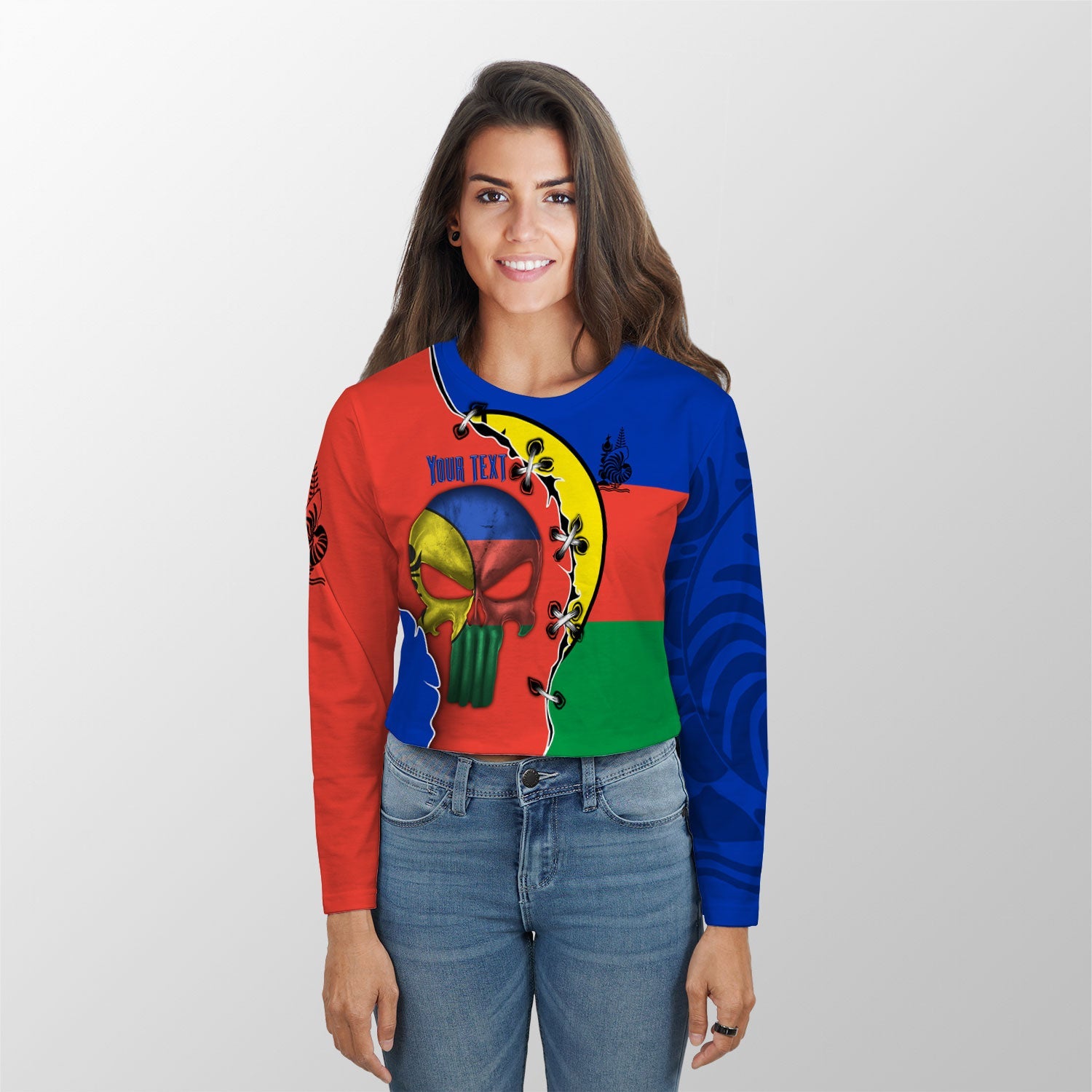 New Caledonia Crop Top Long TShirt Flag & Coat Of Arms Skull Style