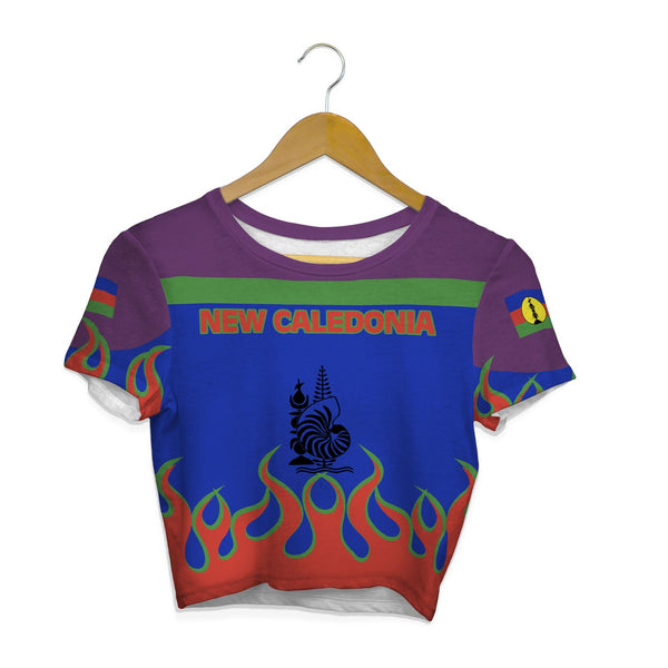 New Caledonia Crop Top T Shirt Flag & Coat Of Arms Fire Hockey Style