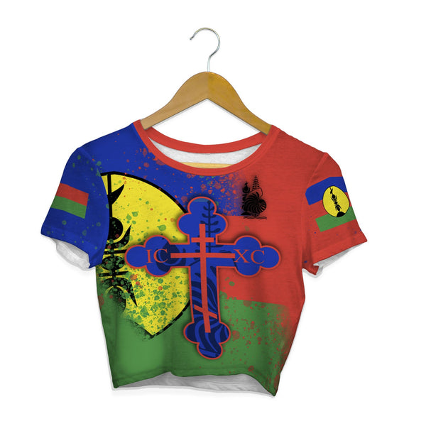 New Caledonia Crop Top T Shirt Flag & Coat Of Arms Orthodox Style