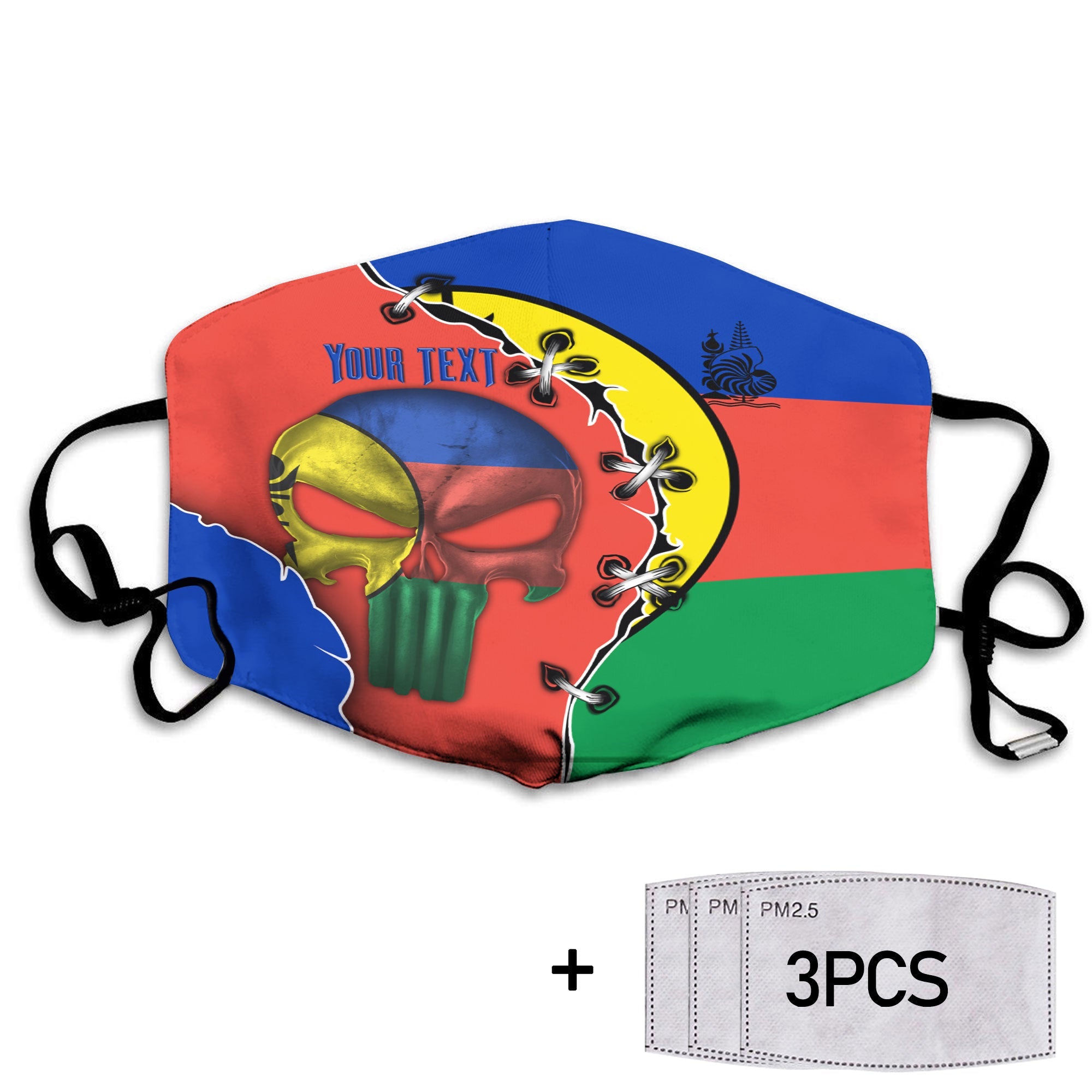 New Caledonia Face Mask Flag & Coat Of Arms Skull Style