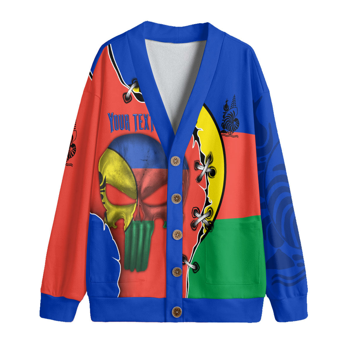 New Caledonia Fleece Cardigan Flag & Coat Of Arms Skull Style