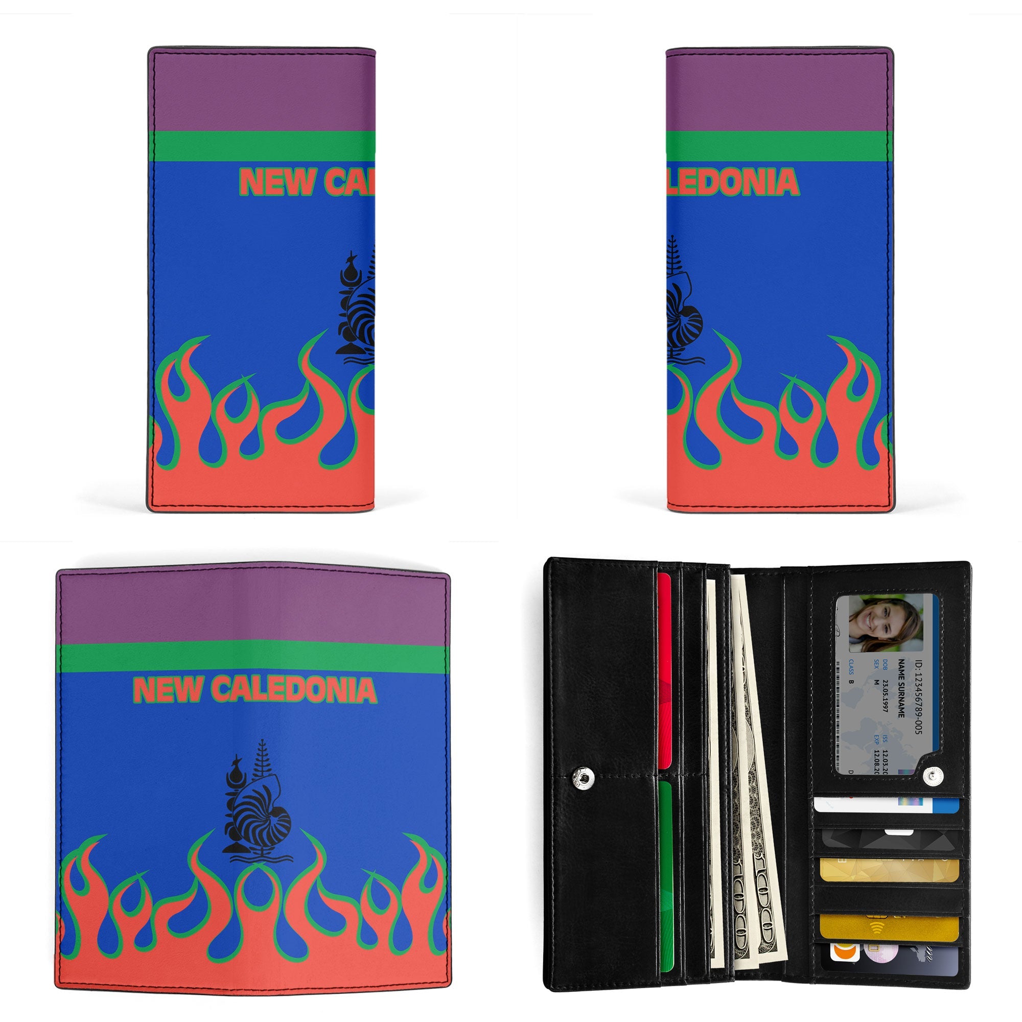 New Caledonia Leather Wallet Flag & Coat Of Arms Fire Hockey Style