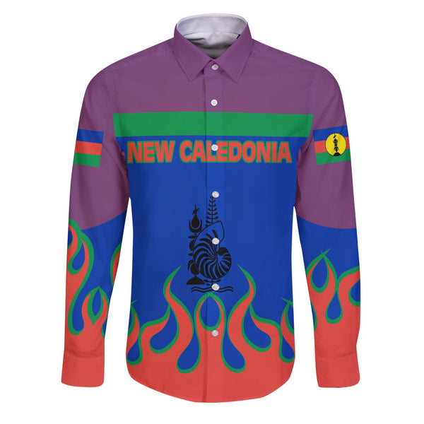 New Caledonia Long Sleeve Button Shirt Flag & Coat Of Arms Fire Hockey Style