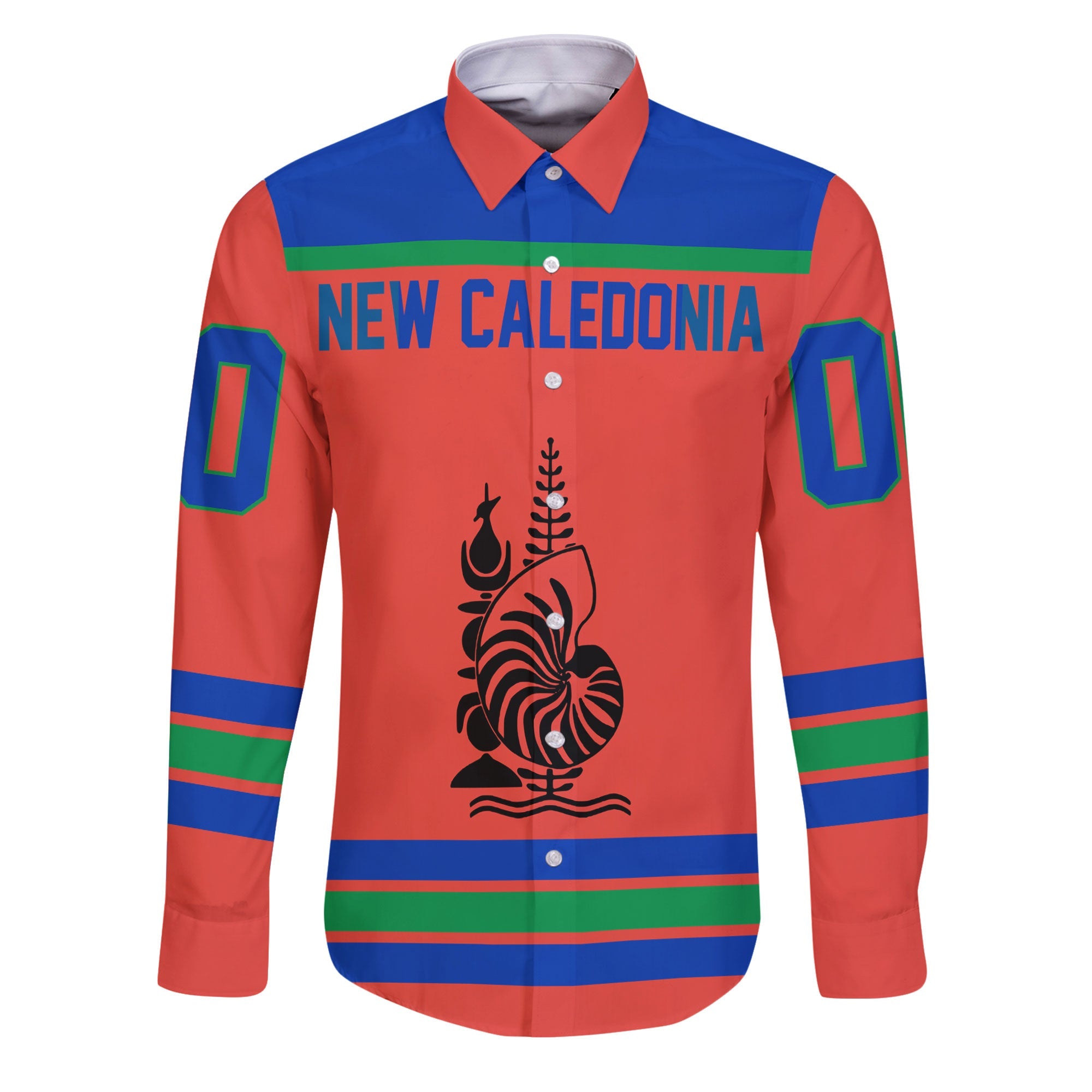 New Caledonia Long Sleeve Button Shirt Flag & Coat Of Arms Hockey Style