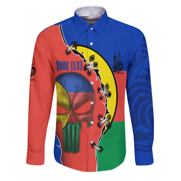 New Caledonia Long Sleeve Button Shirt Flag & Coat Of Arms Skull Style