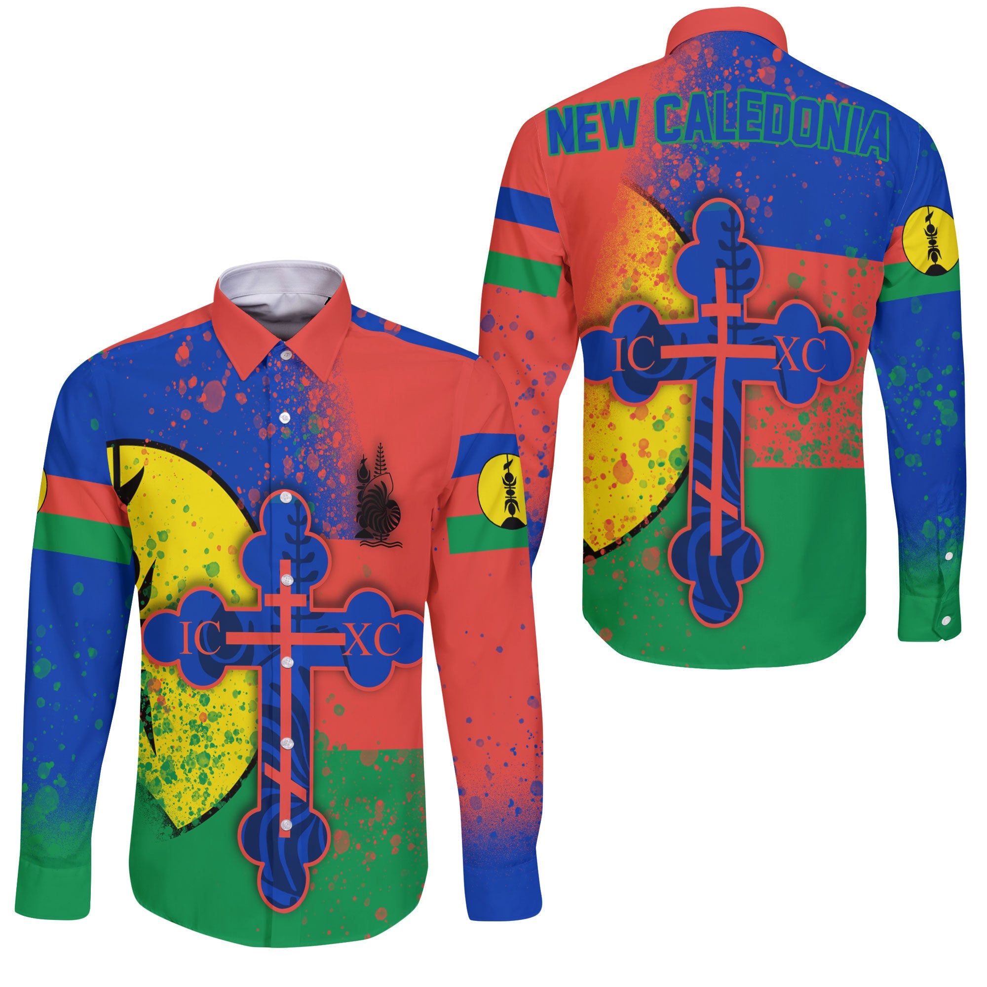 New Caledonia Long Sleeve Button Shirt Flag & Coat Of Arms Orthodox Style