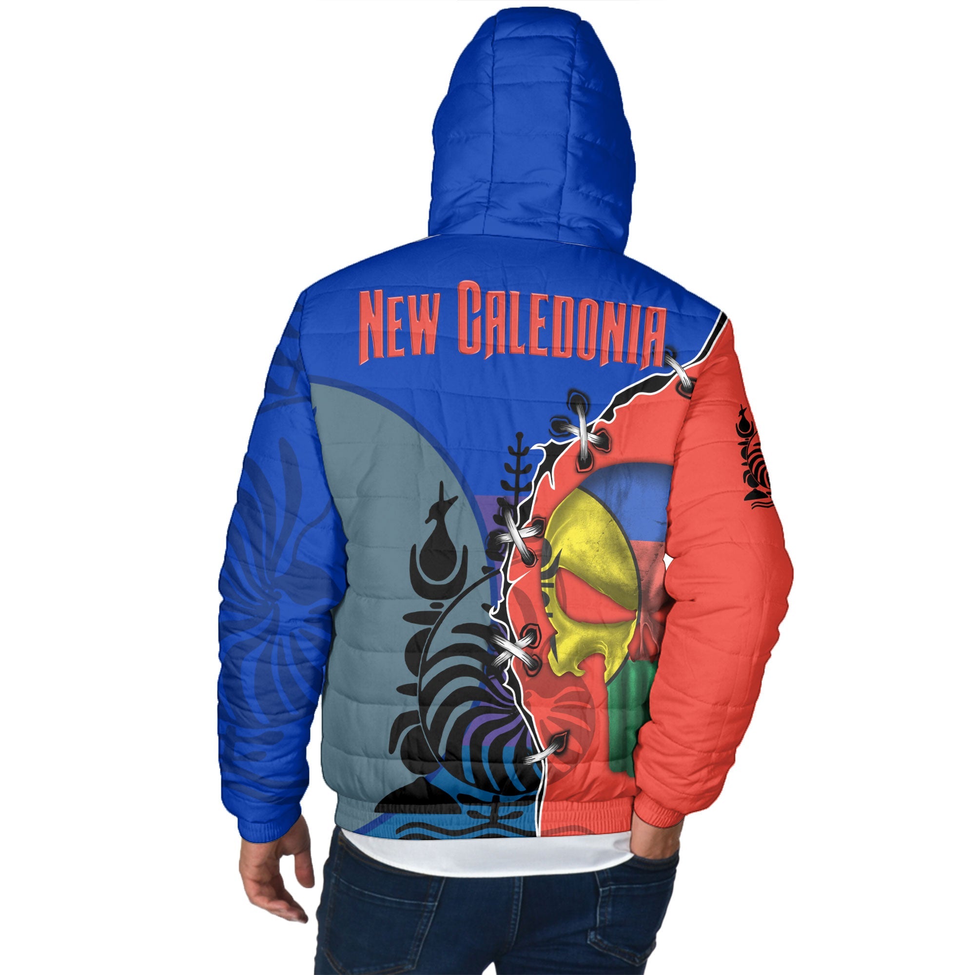 New Caledonia Men Hooded Padded Jacket Flag & Coat Of Arms Skull Style