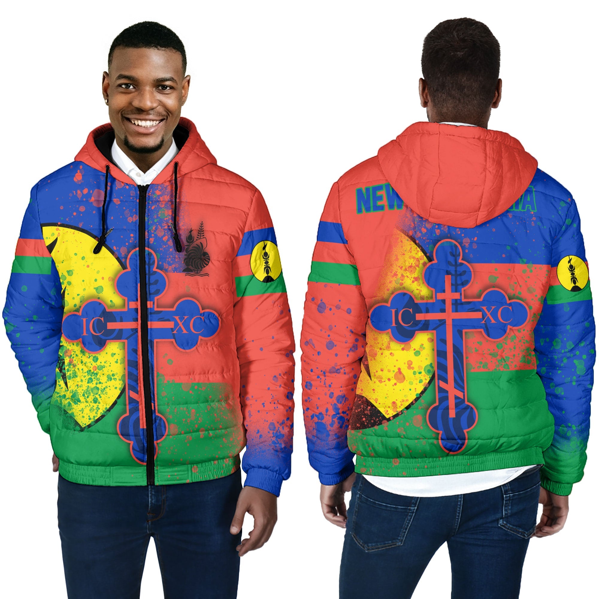 New Caledonia Men Hooded Padded Jacket Flag & Coat Of Arms Orthodox Style