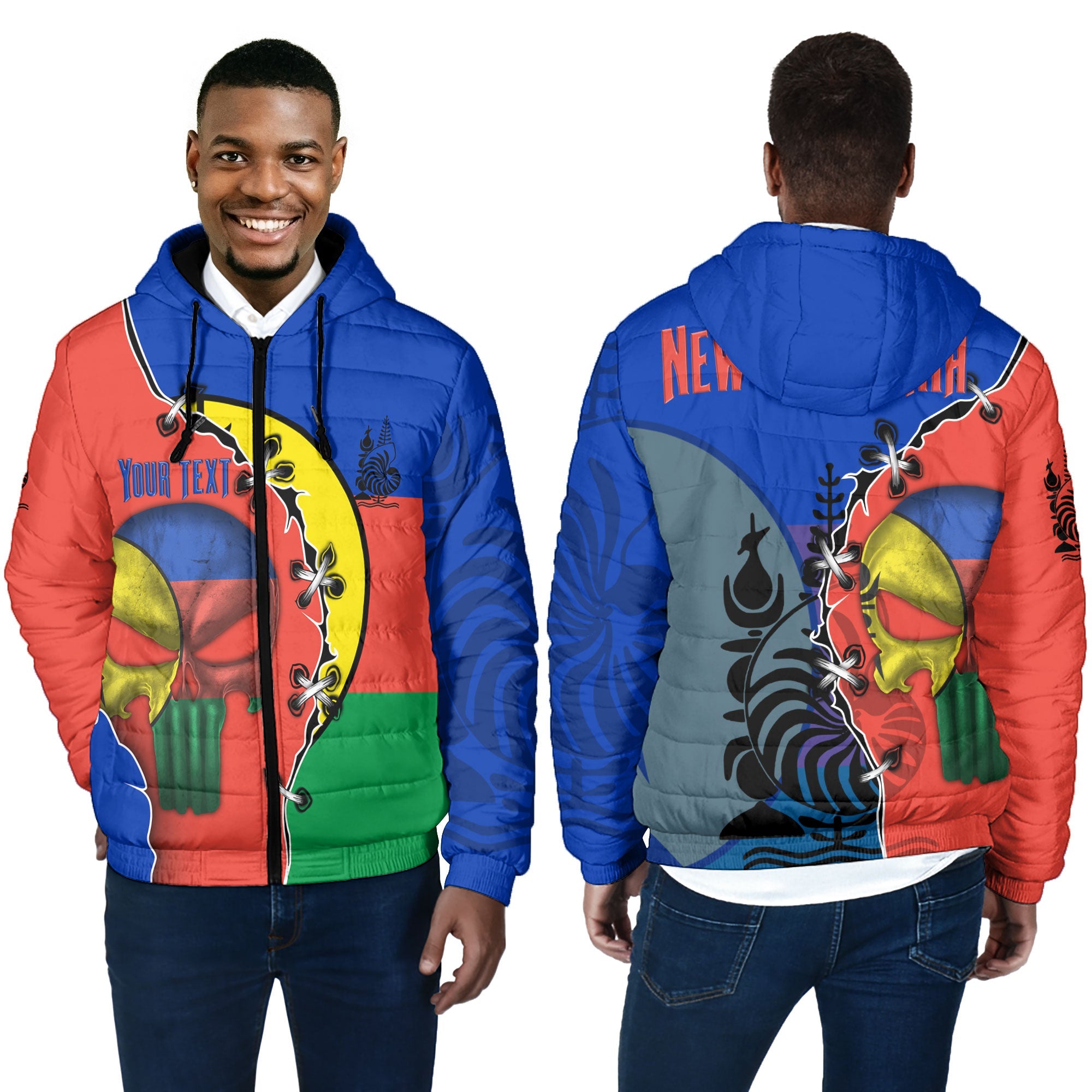 New Caledonia Men Hooded Padded Jacket Flag & Coat Of Arms Skull Style