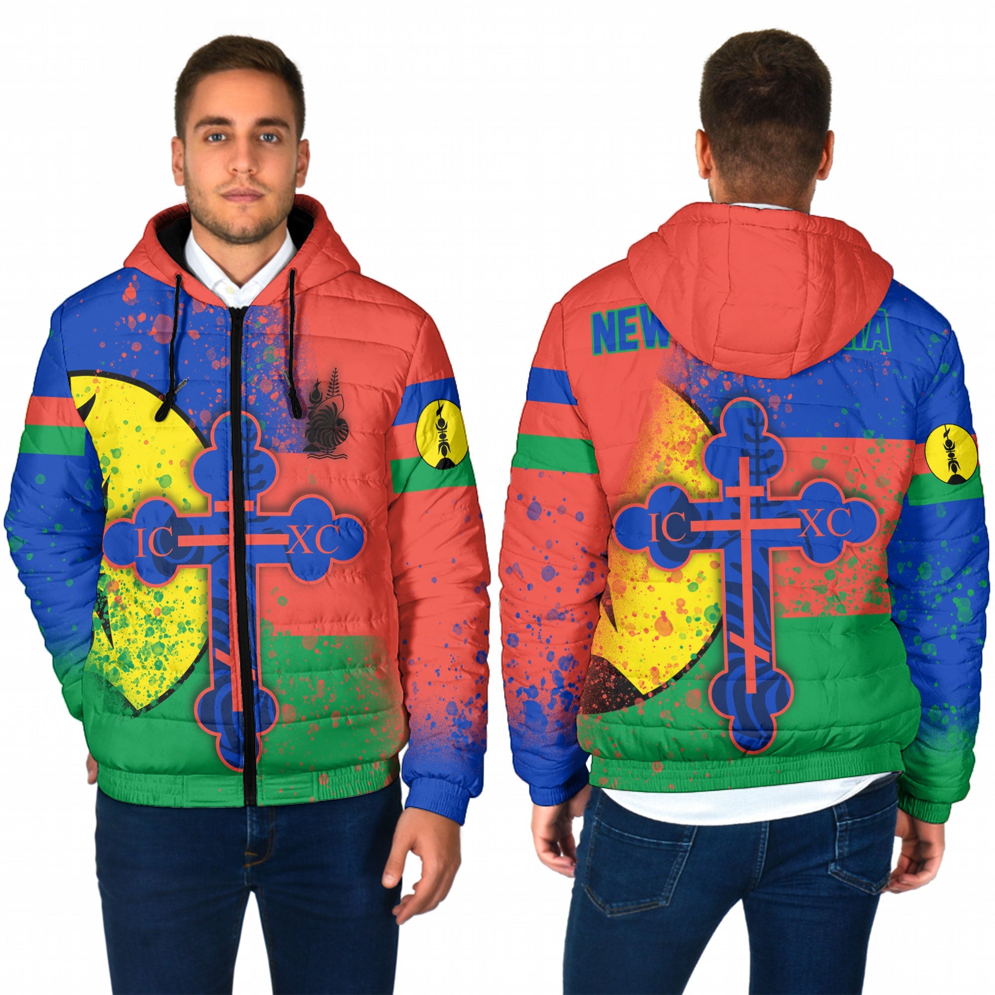 New Caledonia Men Hooded Padded Jacket Flag & Coat Of Arms Orthodox Style