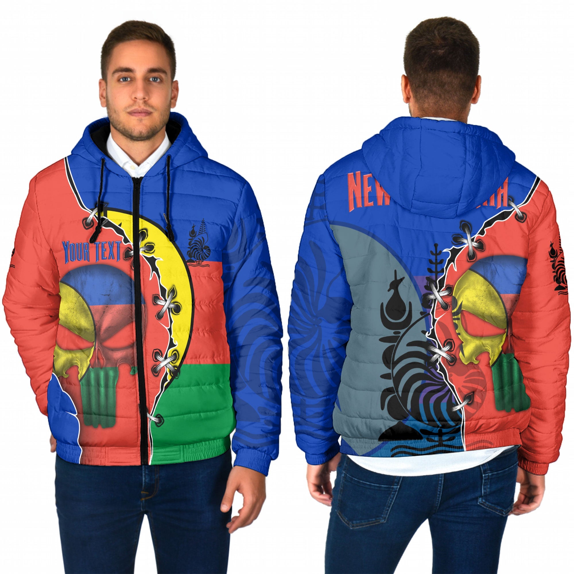 New Caledonia Men Hooded Padded Jacket Flag & Coat Of Arms Skull Style