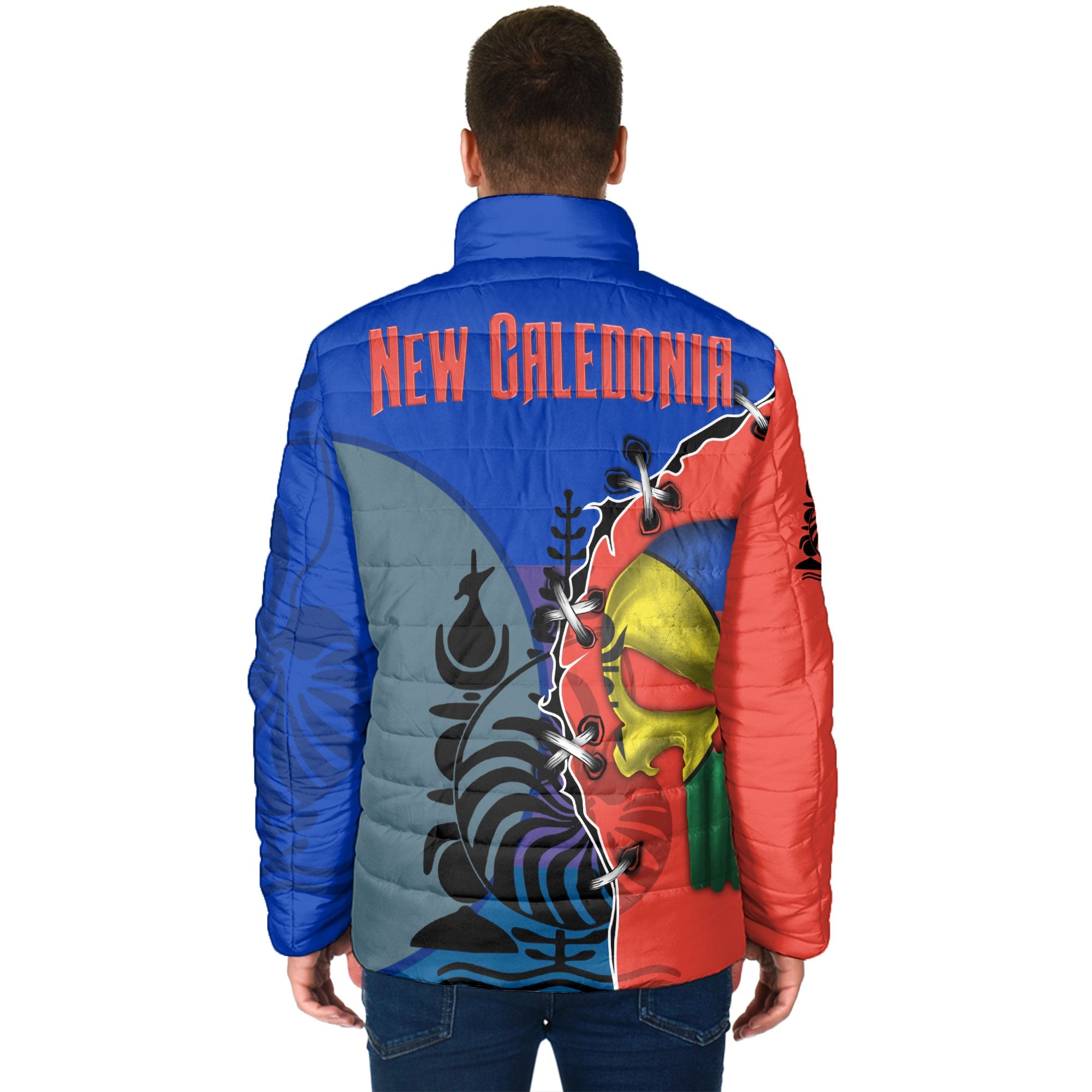 New Caledonia Men Padded Jacket Flag & Coat Of Arms Skull Style