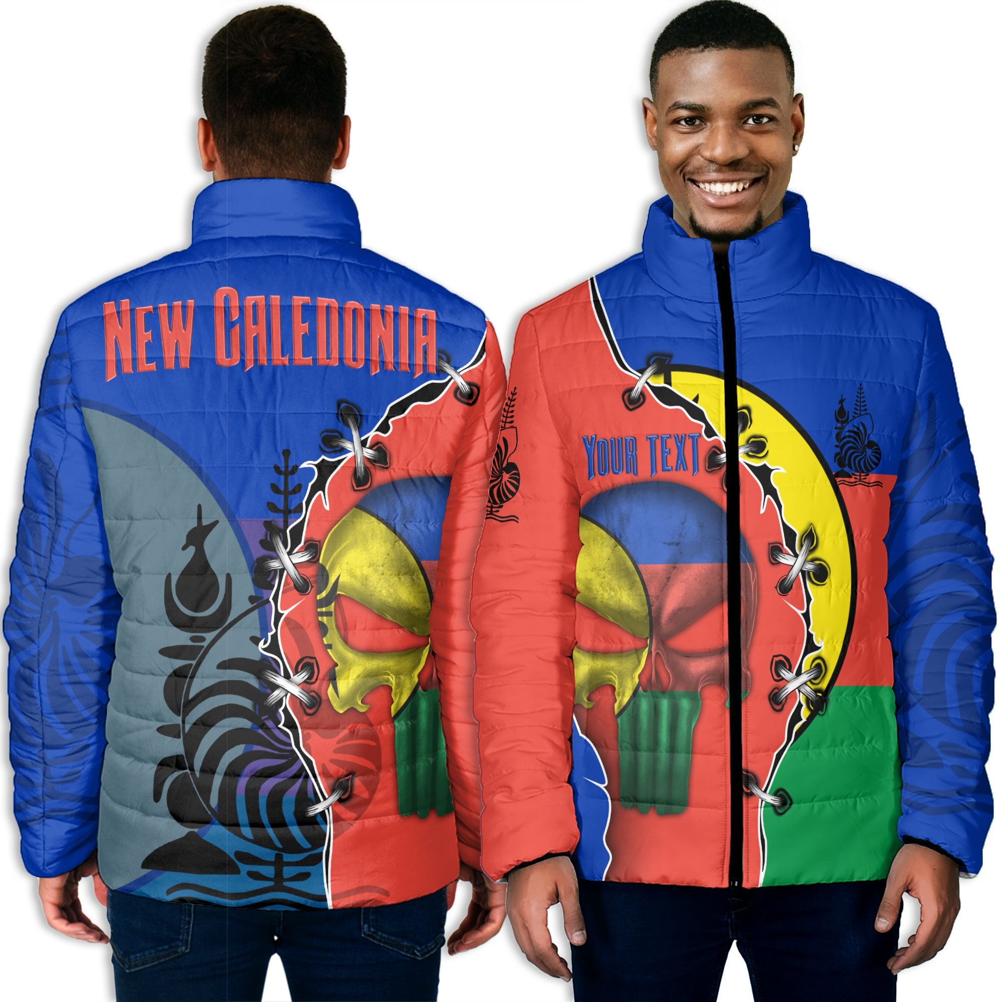 New Caledonia Men Padded Jacket Flag & Coat Of Arms Skull Style