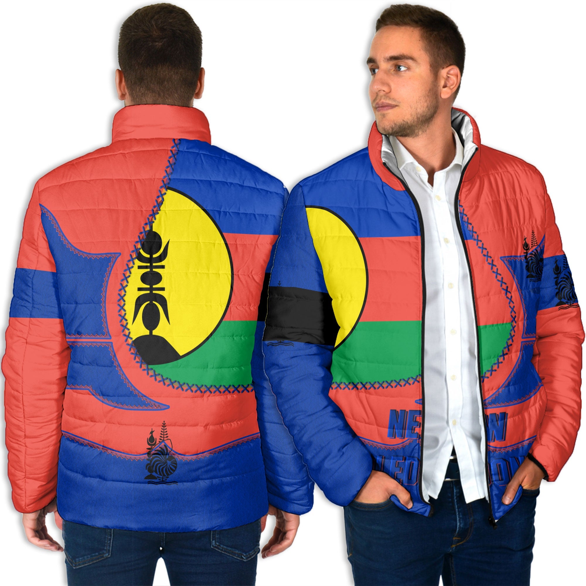 New Caledonia Men Padded Jacket Flag & Coat Of Arms Leather Style