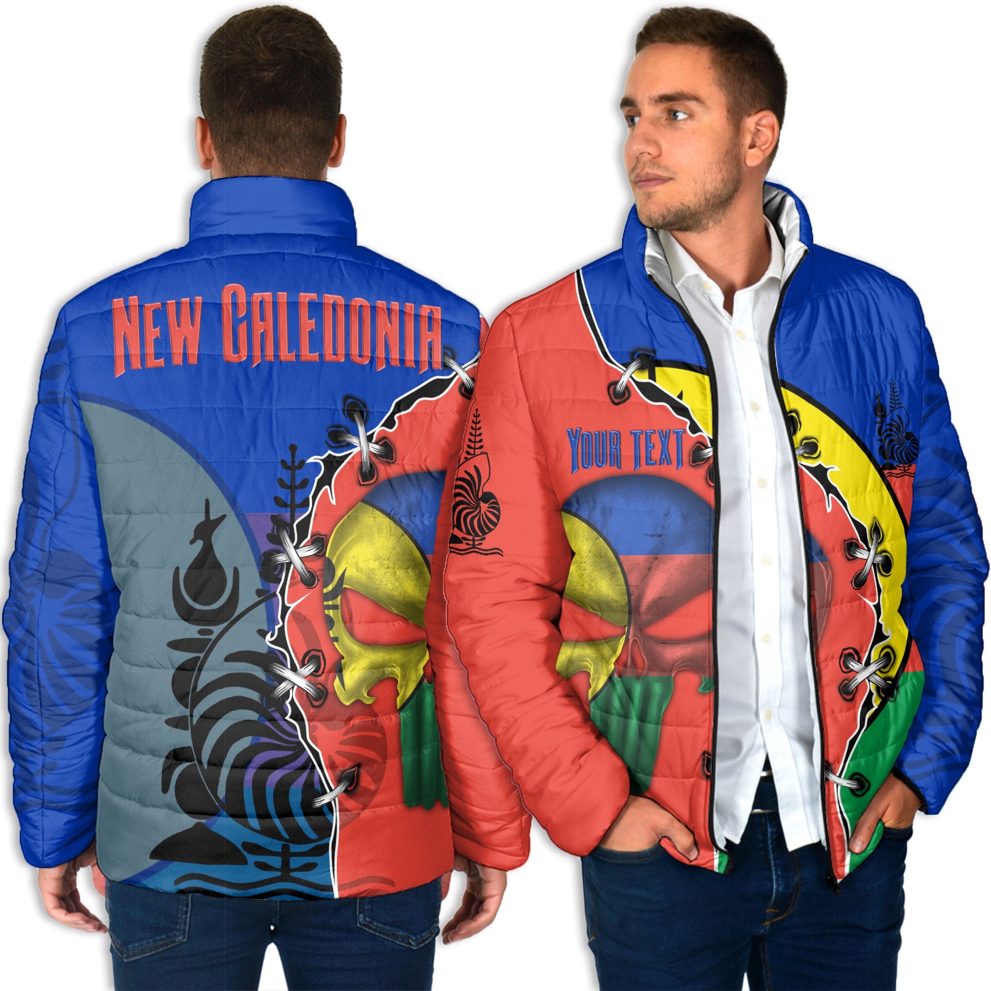 New Caledonia Men Padded Jacket Flag & Coat Of Arms Skull Style