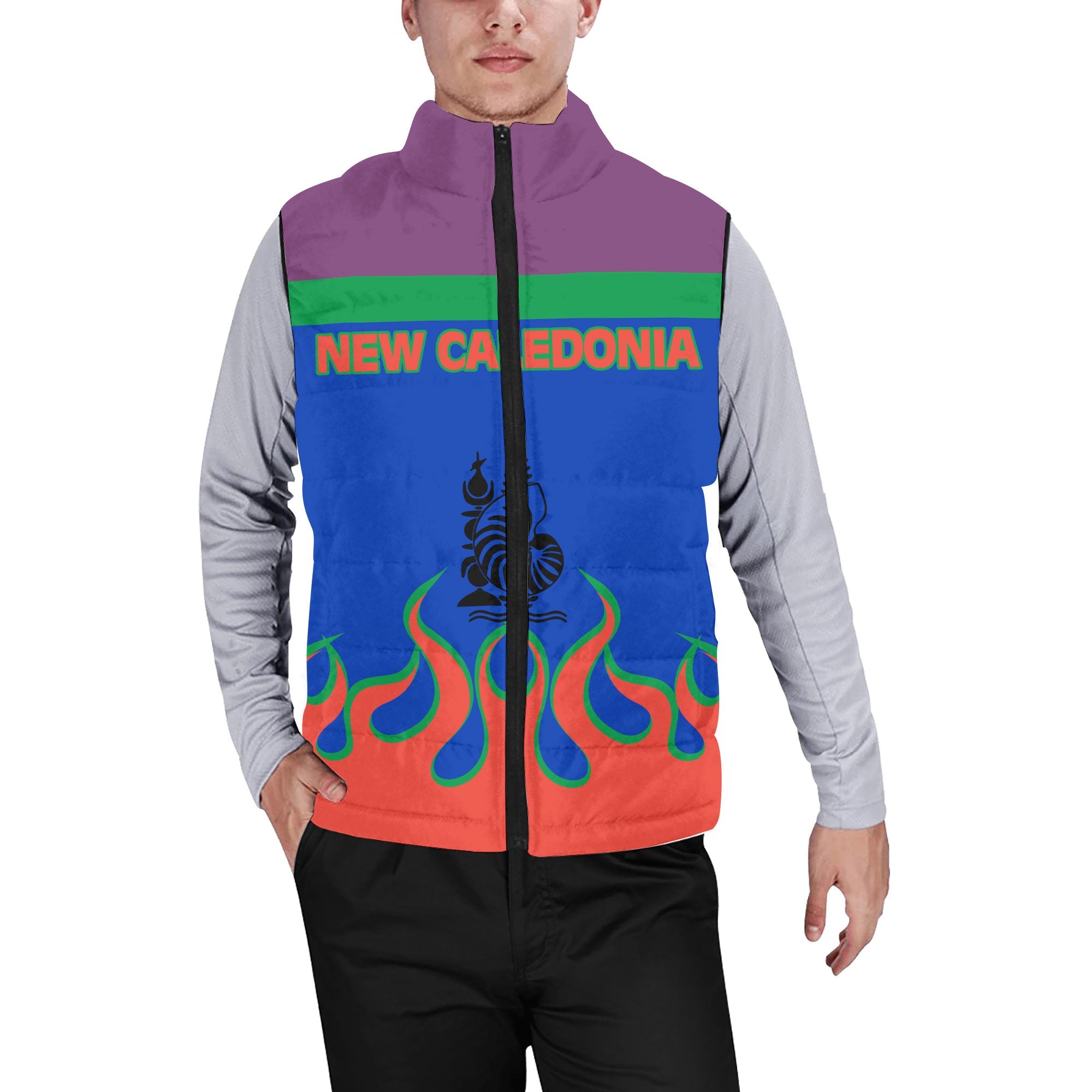 New Caledonia Men Padded Jacket Vest Flag & Coat Of Arms Fire Hockey Style