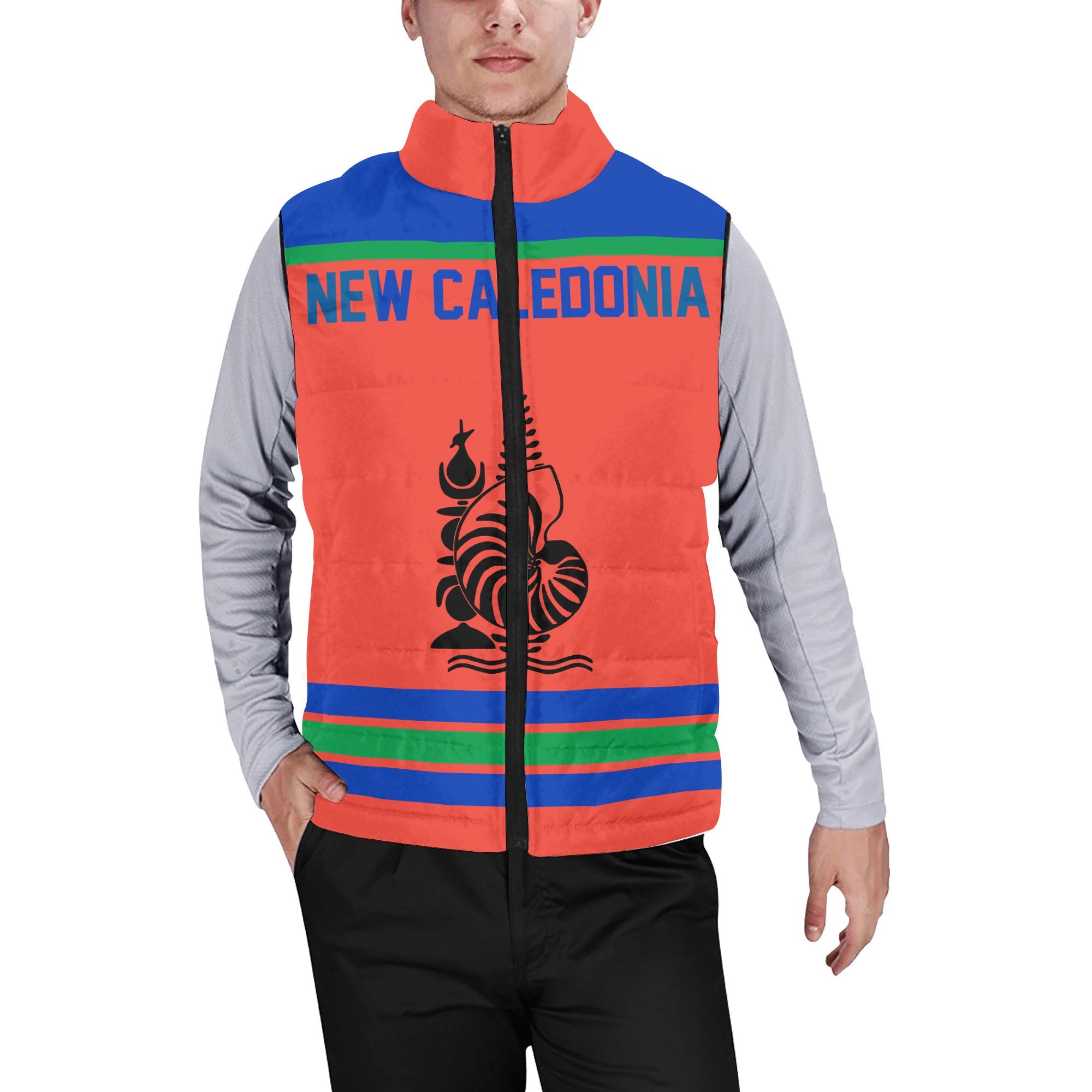 New Caledonia Men Padded Jacket Vest Flag & Coat Of Arms Hockey Style