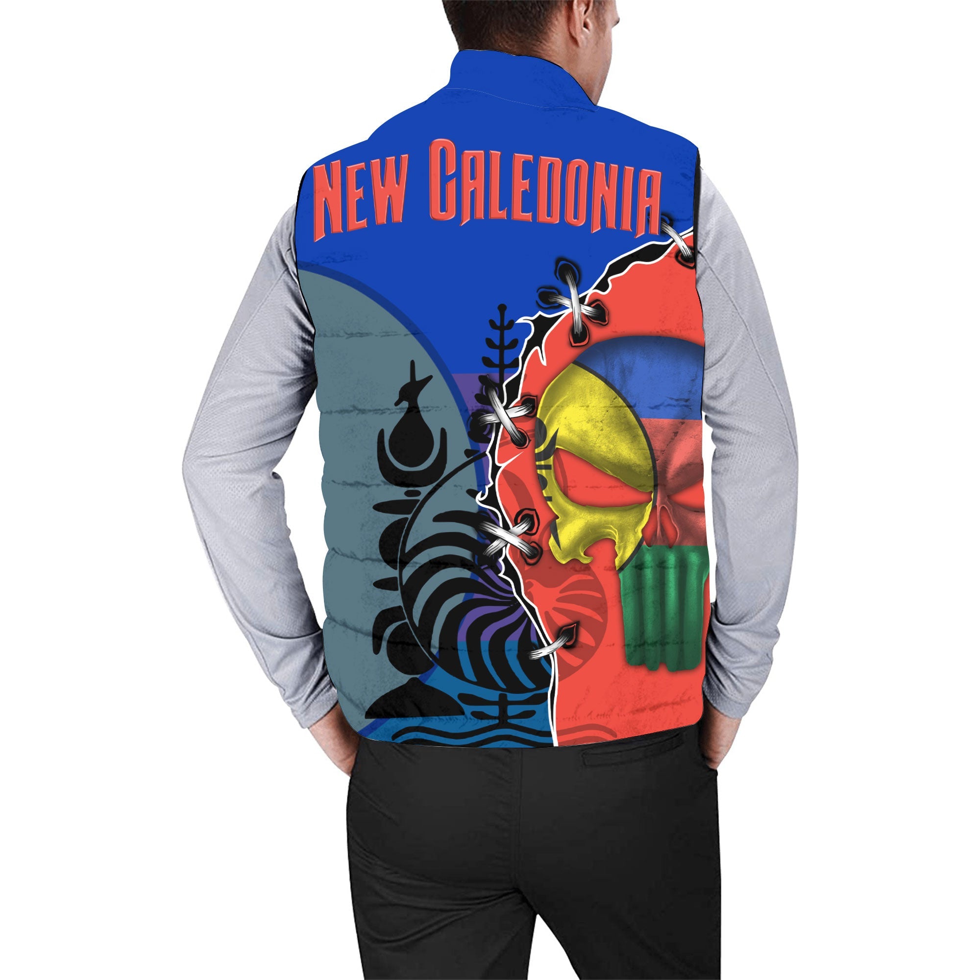 New Caledonia Men Padded Jacket Vest Flag & Coat Of Arms Skull Style