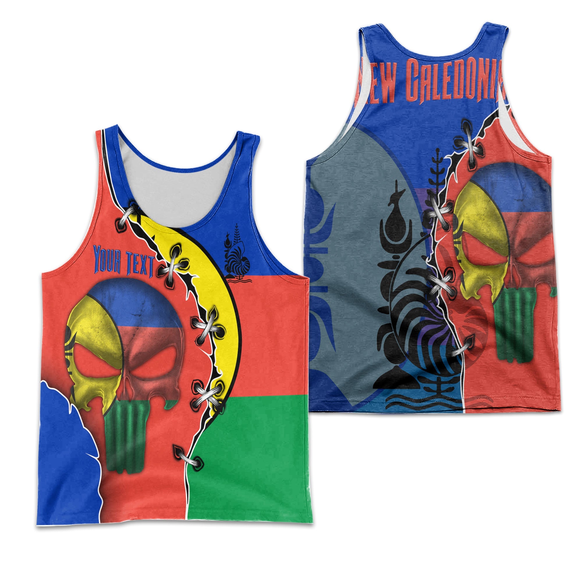 New Caledonia Men Tank Top Flag & Coat Of Arms Skull Style