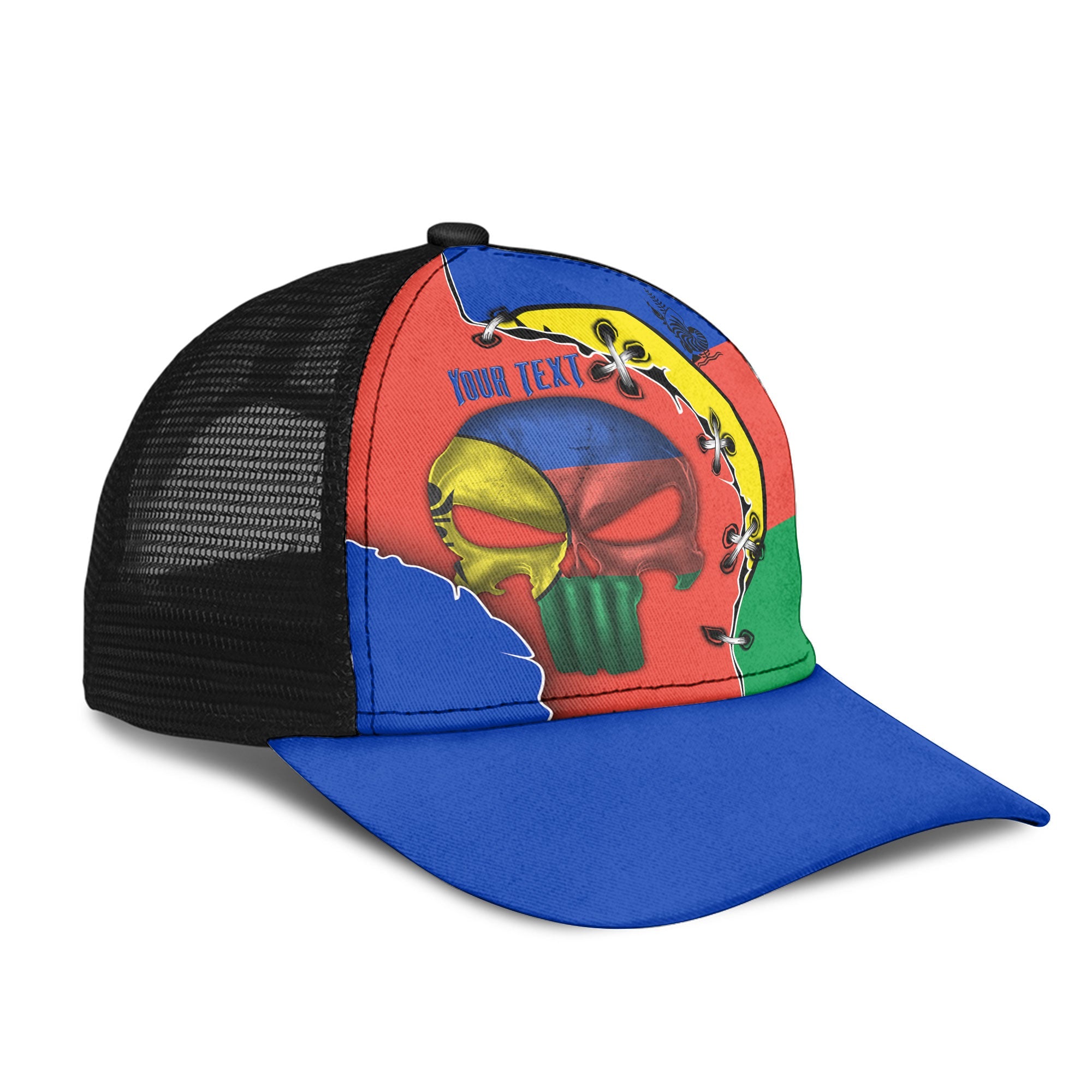 New Caledonia Mesh Back Cap Flag & Coat Of Arms Skull Style