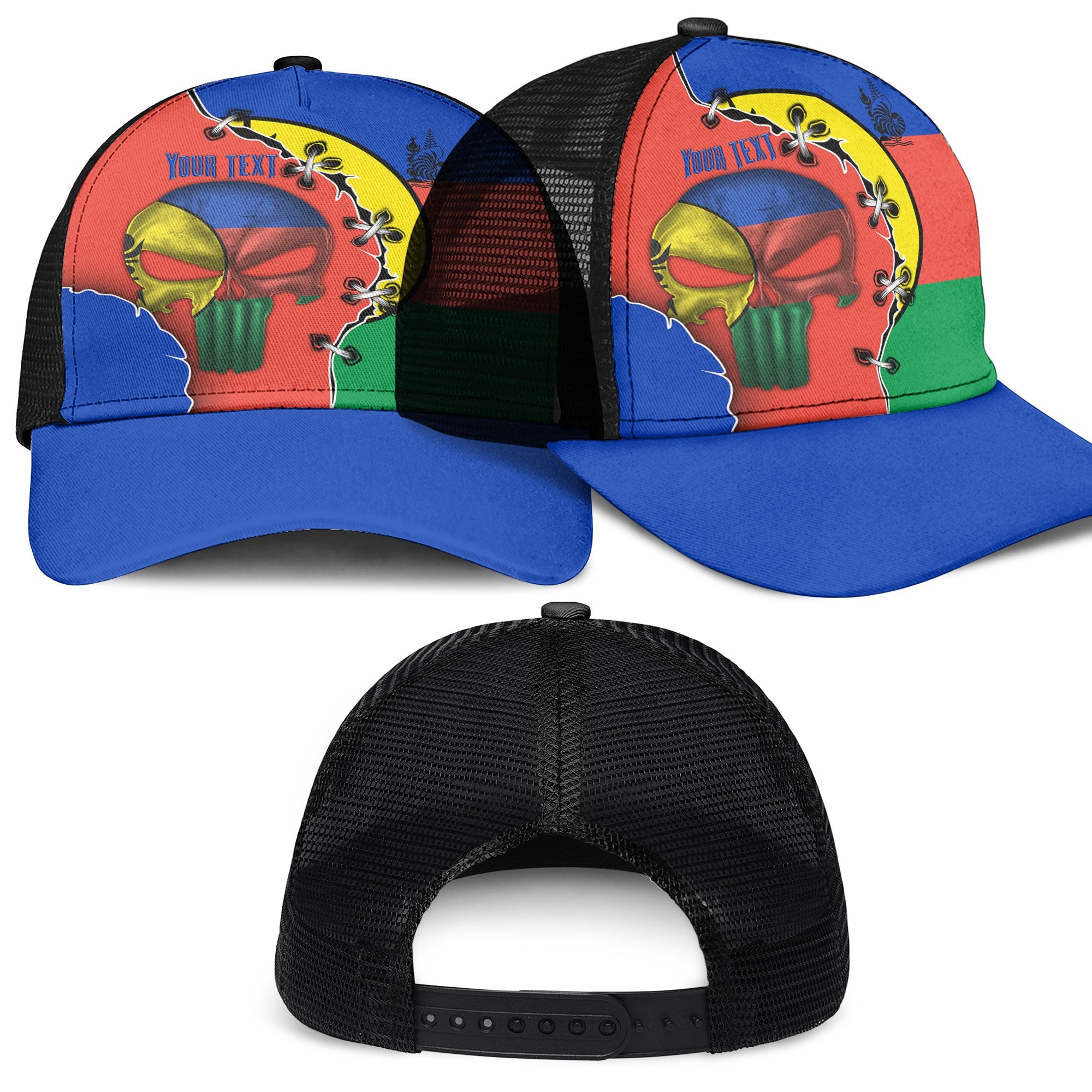 New Caledonia Mesh Back Cap Flag & Coat Of Arms Skull Style