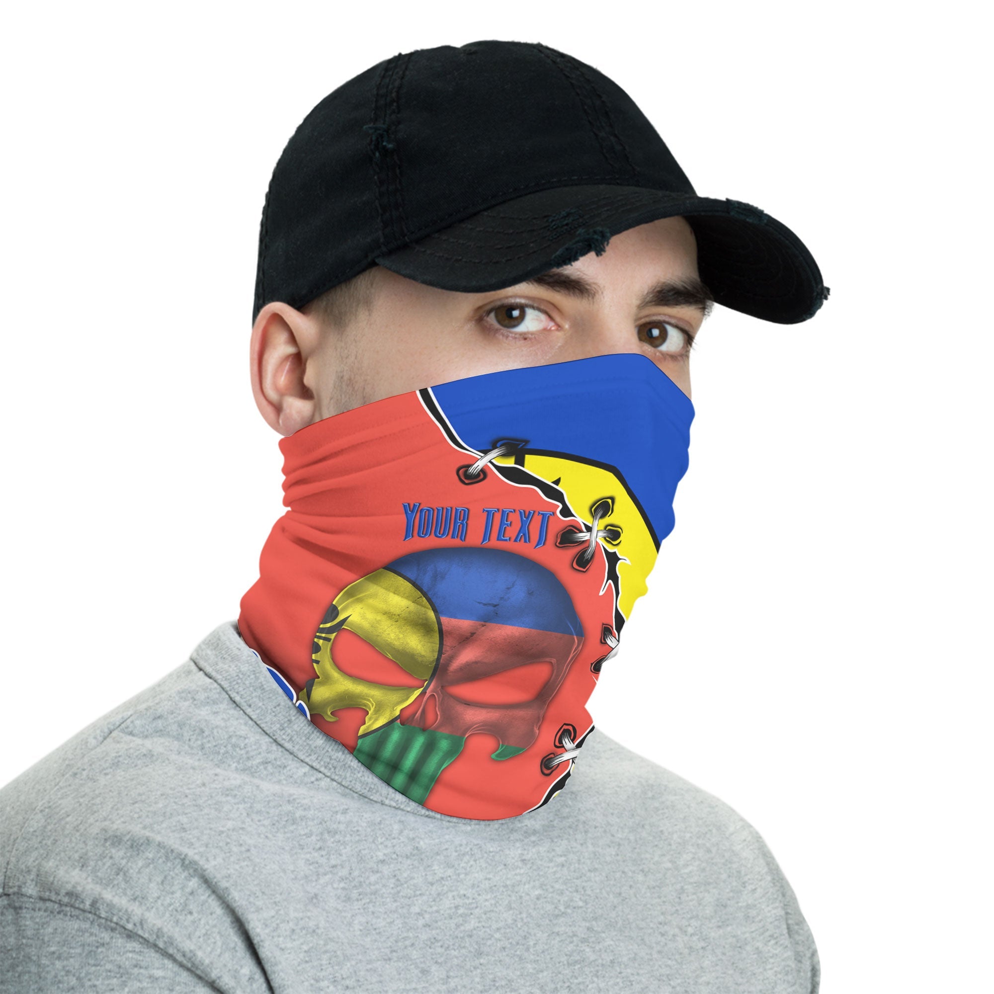 New Caledonia Neck Gaiter Flag & Coat Of Arms Skull Style