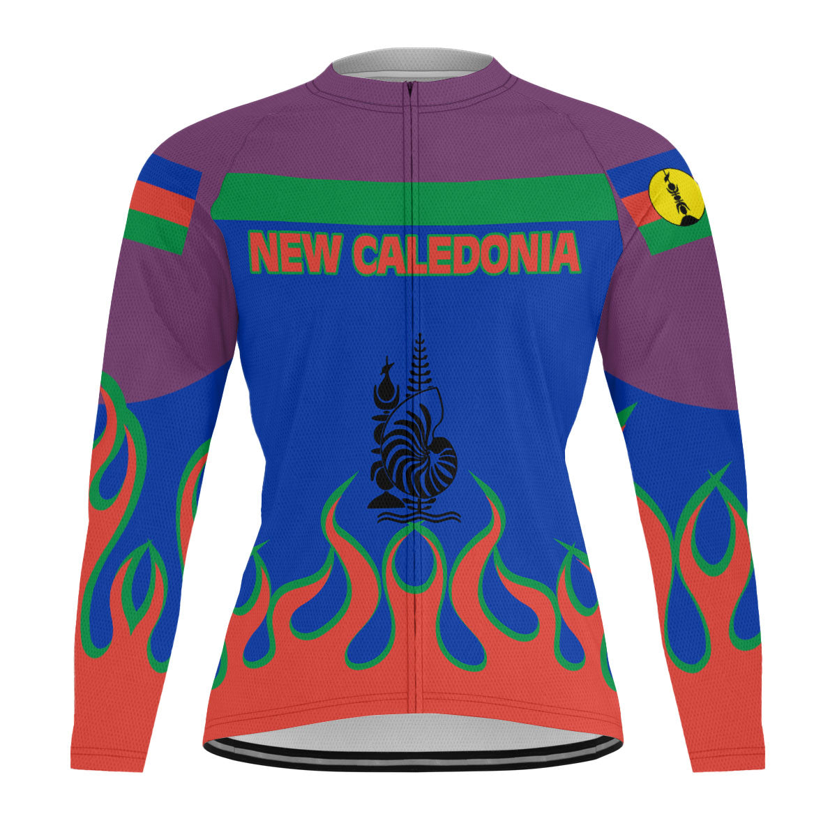 New Caledonia Men's Cycling Jersey Long Sleeve Flag & Coat Of Arms Fire Hockey Style