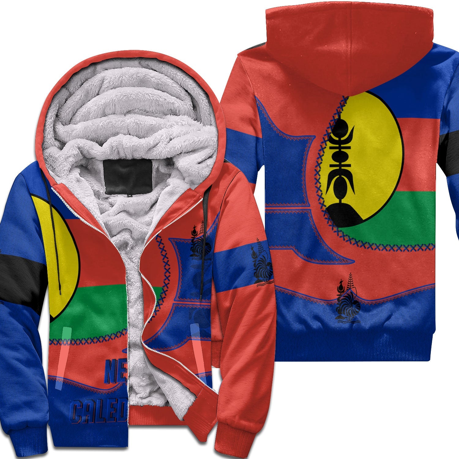 New Caledonia Sherpa Hoodie Flag & Coat Of Arms Leather Style