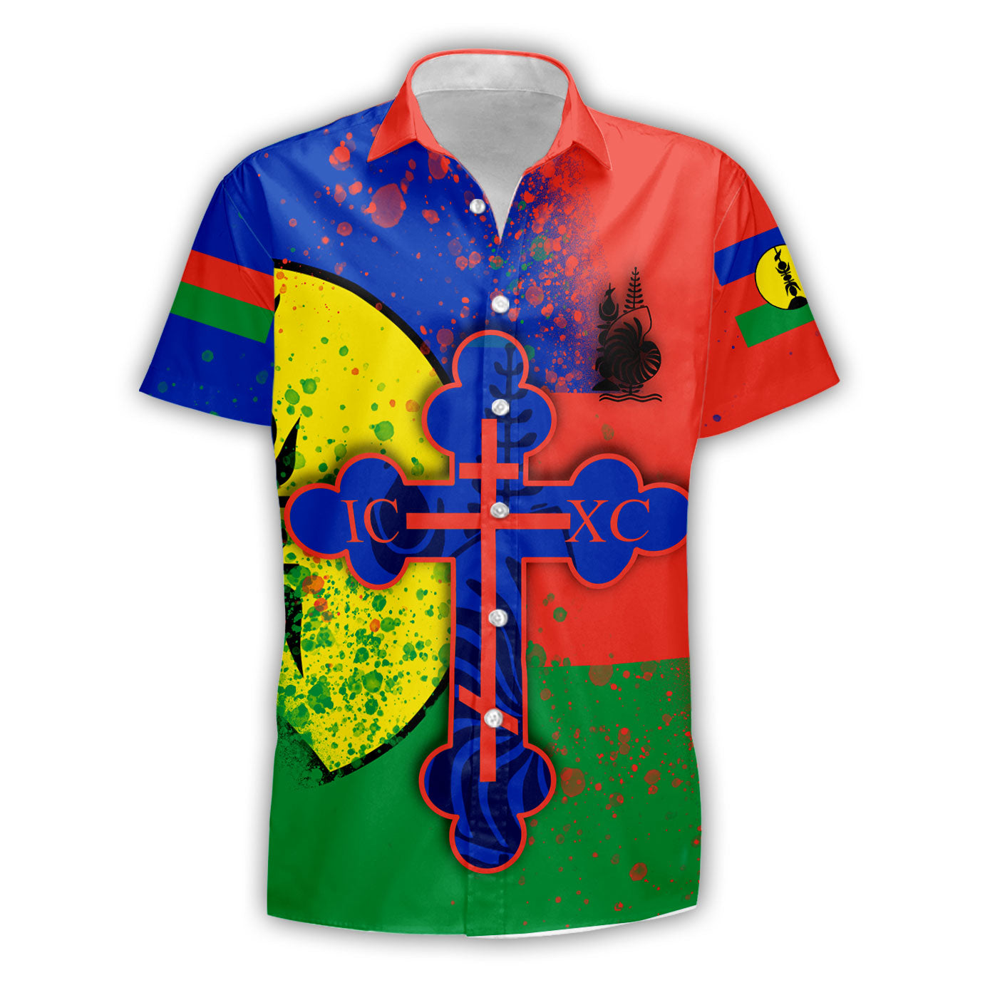 New Caledonia Short Sleeve Shirt Flag & Coat Of Arms Orthodox Style