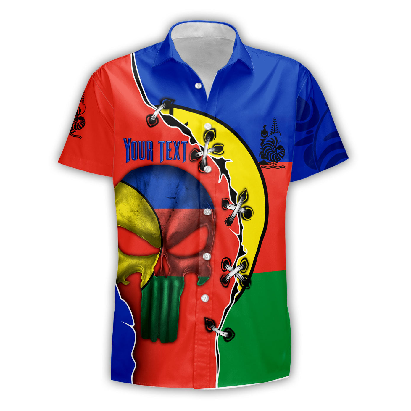 New Caledonia Short Sleeve Shirt Flag & Coat Of Arms Skull Style