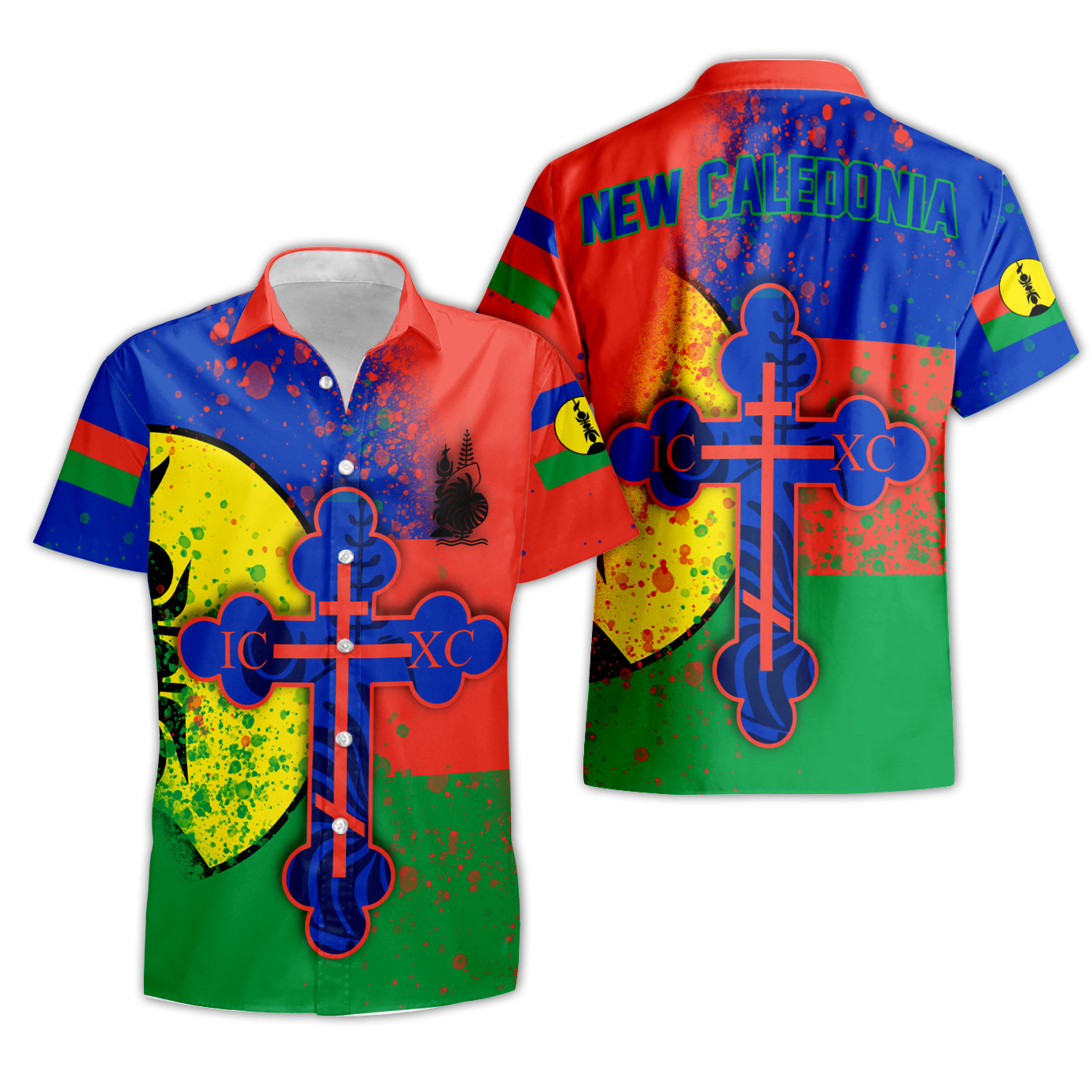 New Caledonia Short Sleeve Shirt Flag & Coat Of Arms Orthodox Style