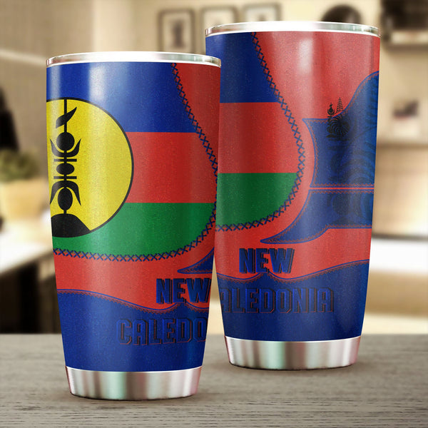 New Caledonia Stainless Steel Glitter Tumbler Flag & Coat Of Arms Leather Style