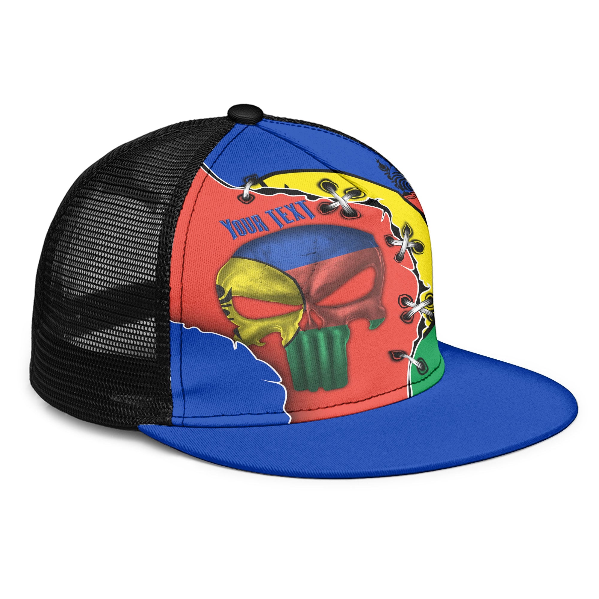 New Caledonia Trucker Hat Flag & Coat Of Arms Skull Style