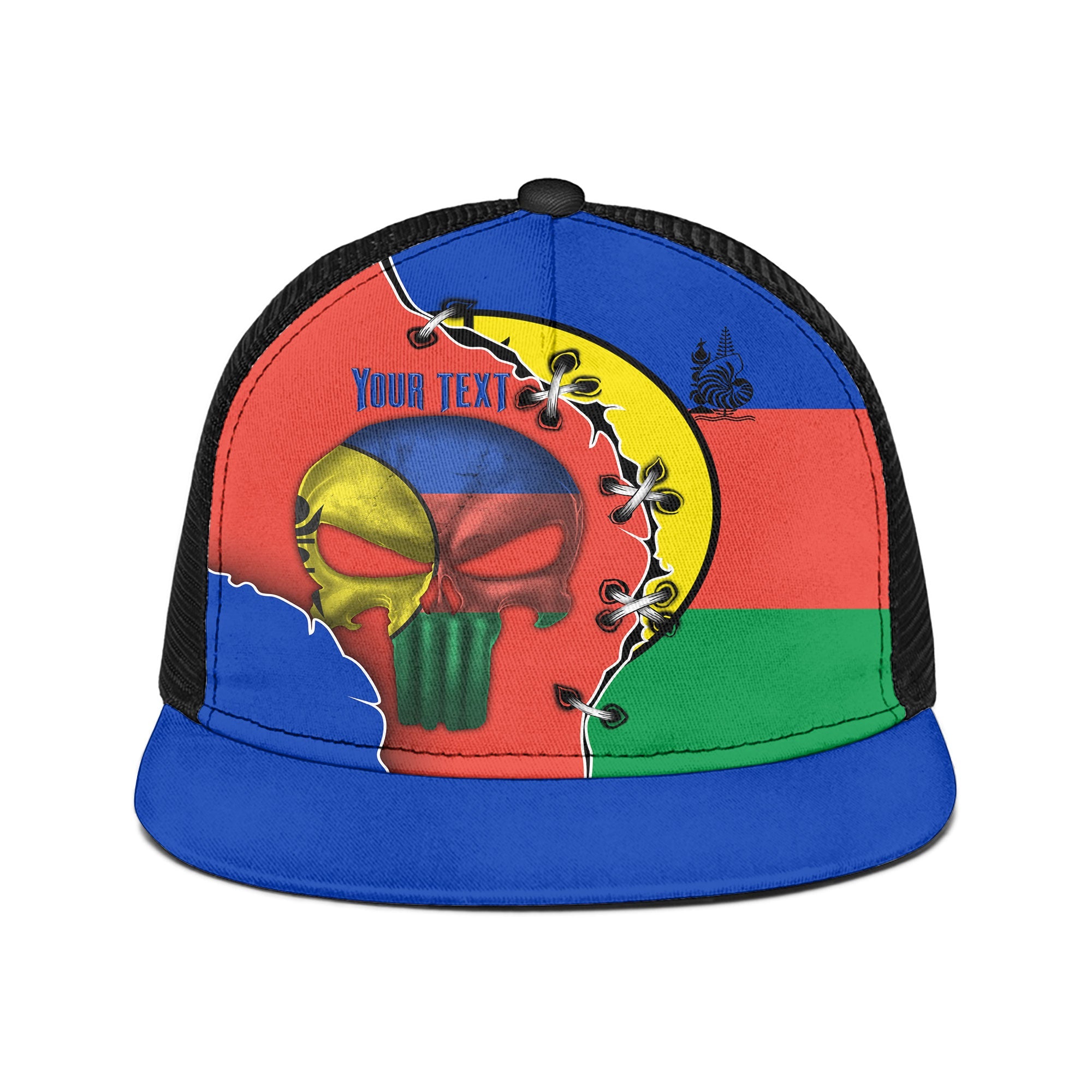 New Caledonia Trucker Hat Flag & Coat Of Arms Skull Style